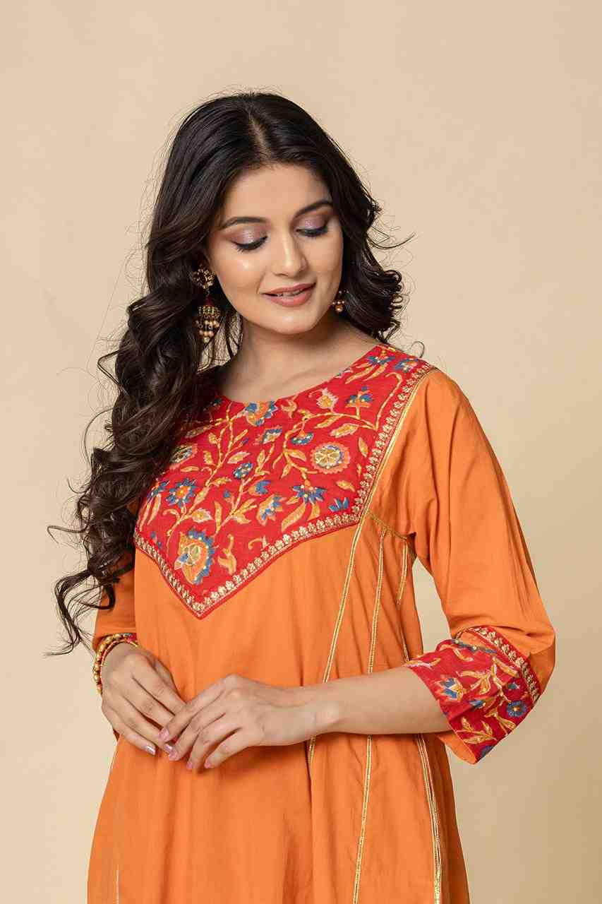 Naksh Orange Red Cotton A-Line Kurta and Pants (Set of 2)