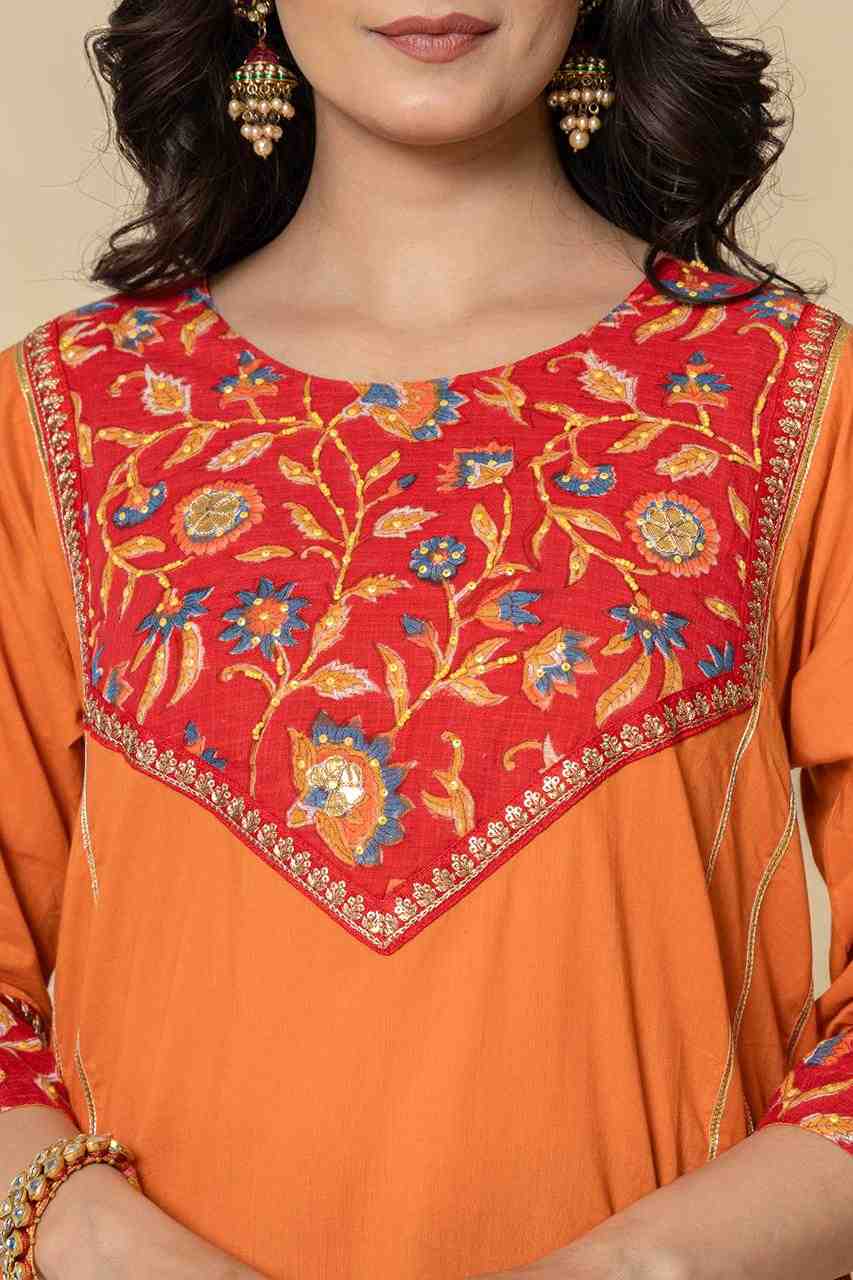 Naksh Orange Red Cotton A-Line Kurta and Pants (Set of 2)