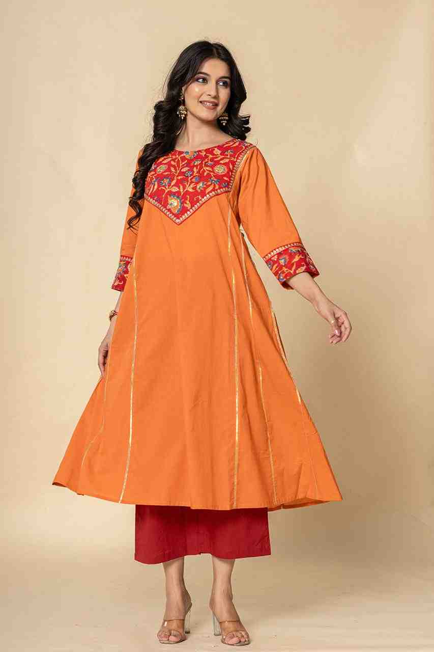 Naksh Orange Red Cotton A-Line Kurta and Pants (Set of 2)