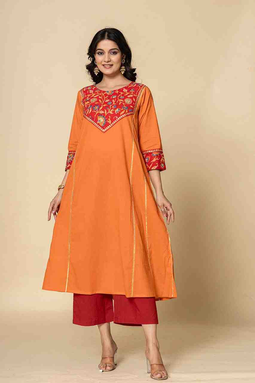 Naksh Orange Red Cotton A-Line Kurta and Pants (Set of 2)