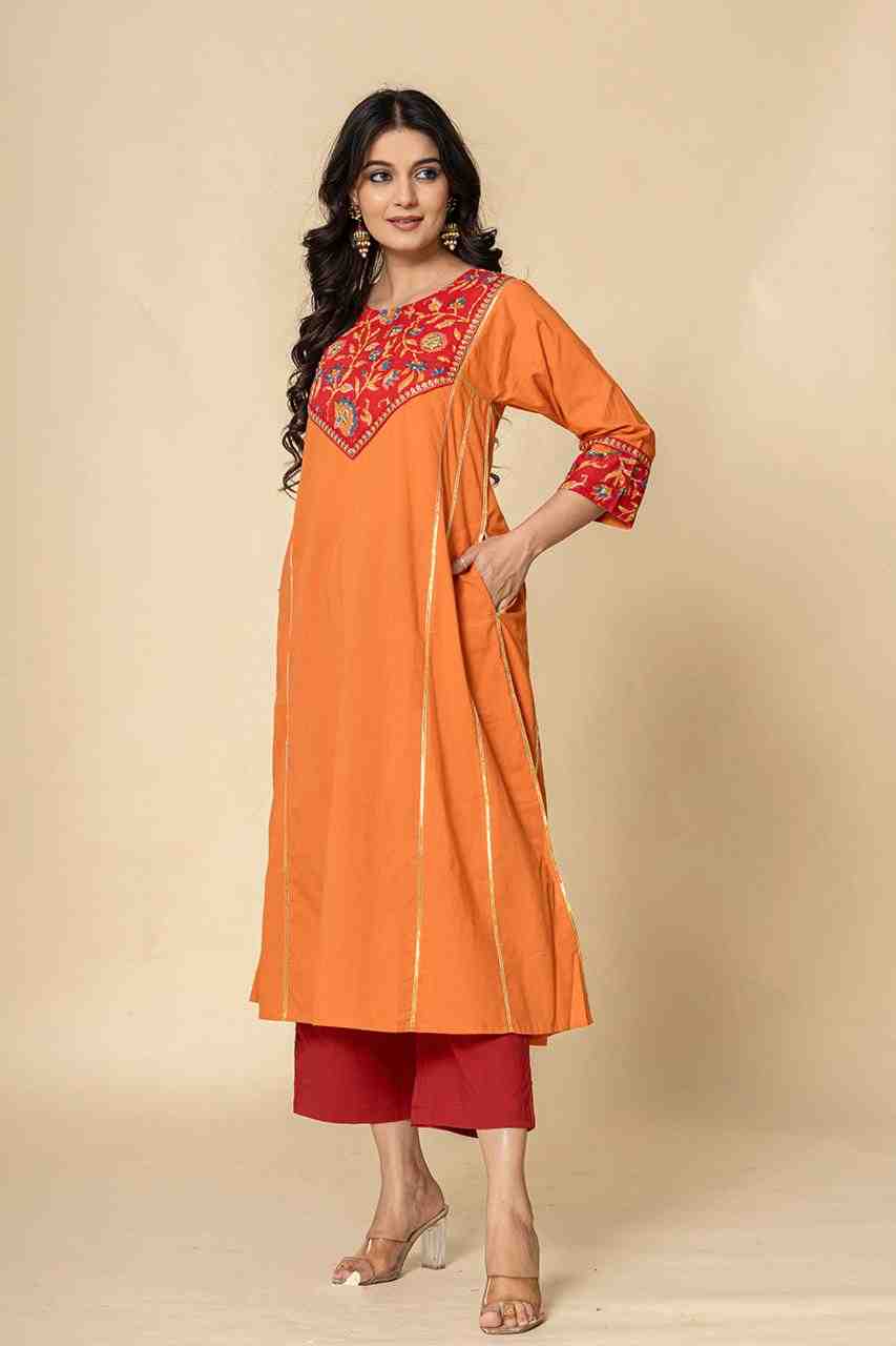 Naksh Orange Red Cotton A-Line Kurta and Pants (Set of 2)