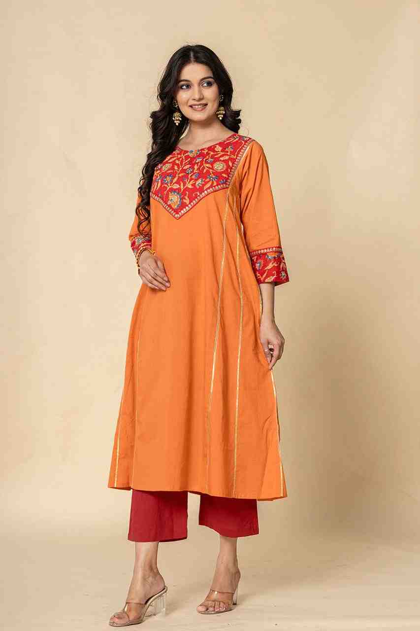 Naksh Orange Red Cotton A-Line Kurta and Pants (Set of 2)