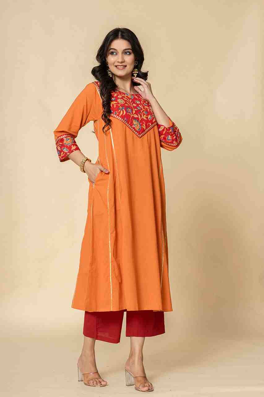Naksh Orange Red Cotton A-Line Kurta and Pants (Set of 2)