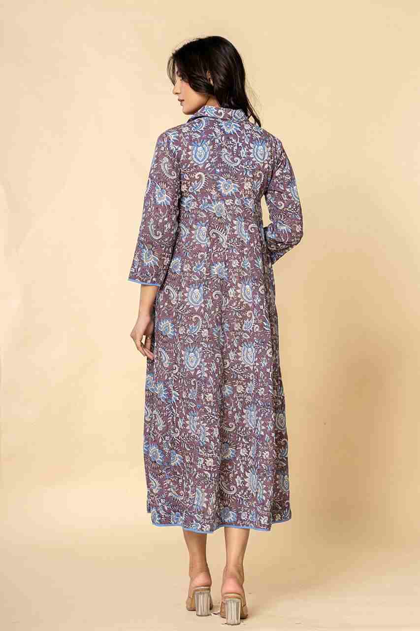 Naksh Purple Blue Block Printed Kalidar Kurta-Dress