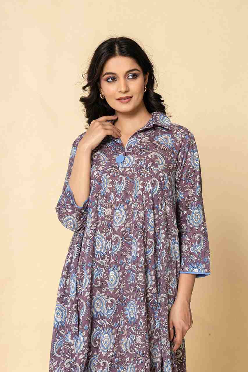 Naksh Purple Blue Block Printed Kalidar Kurta-Dress