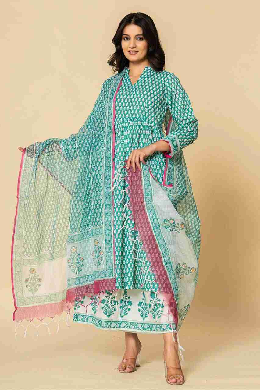 Naksh Sea Green Gathered Kurta-Duptta-Pants (Set of 3)