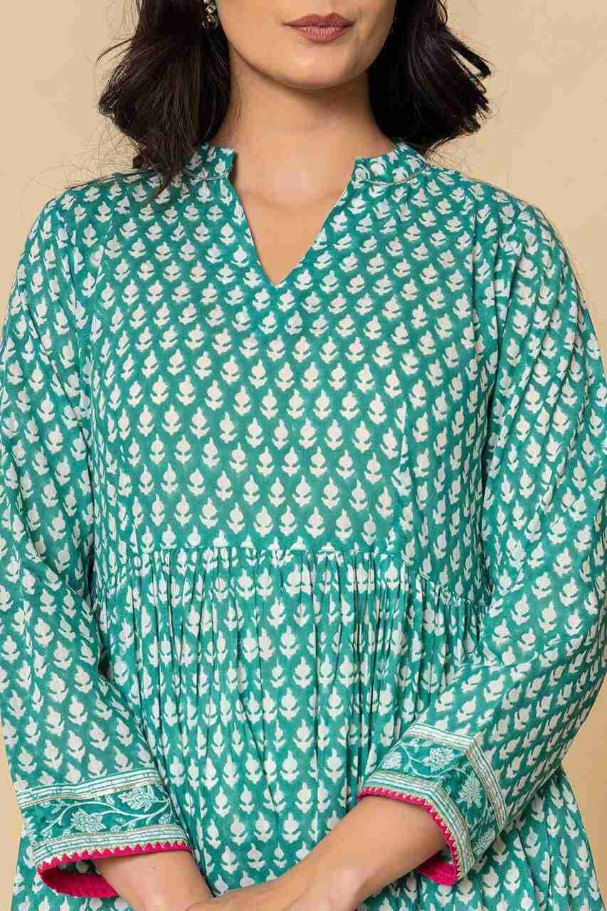 Naksh Sea Green Gathered Kurta-Duptta-Pants (Set of 3)