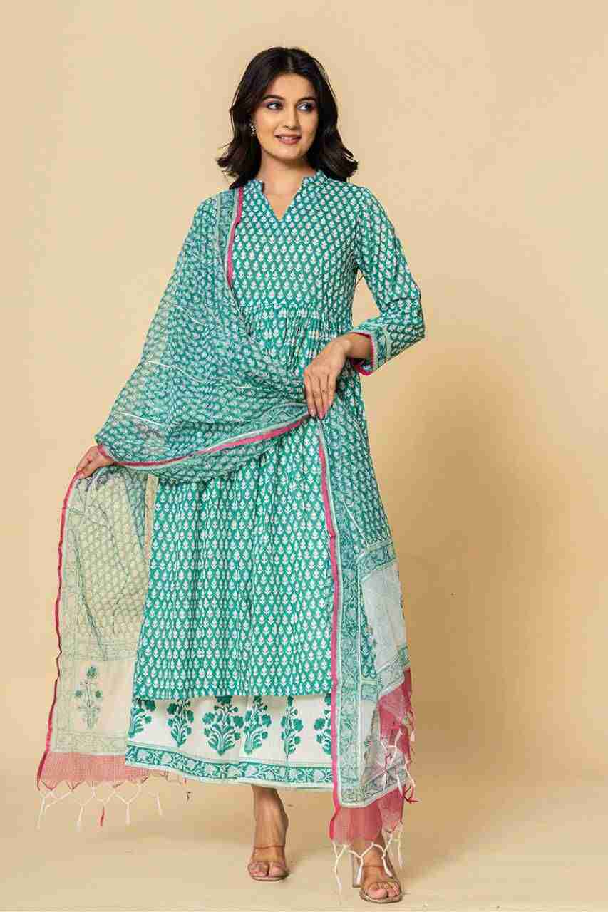 Naksh Sea Green Gathered Kurta-Duptta-Pants (Set of 3)