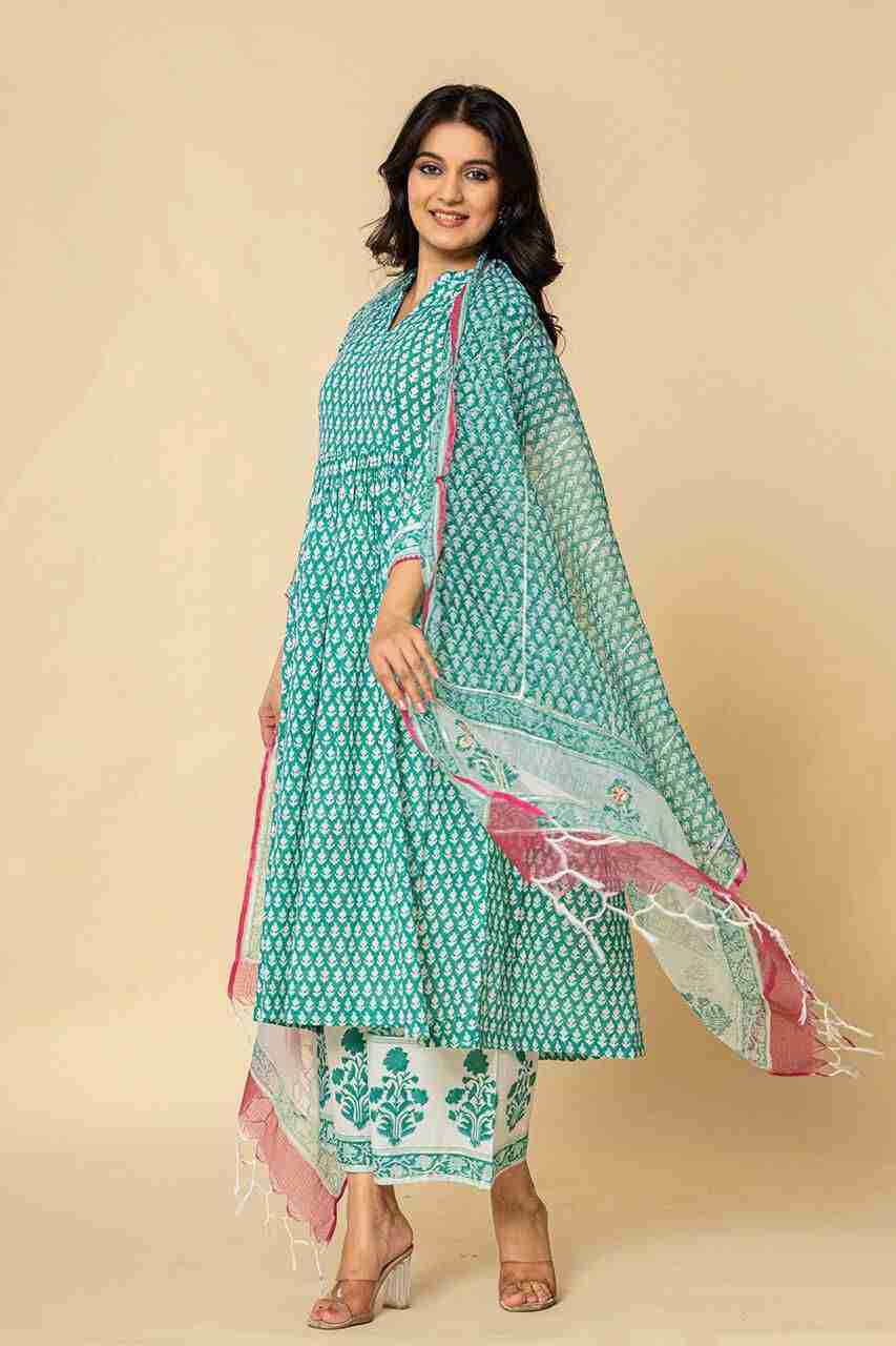 Naksh Sea Green Gathered Kurta-Duptta-Pants (Set of 3)