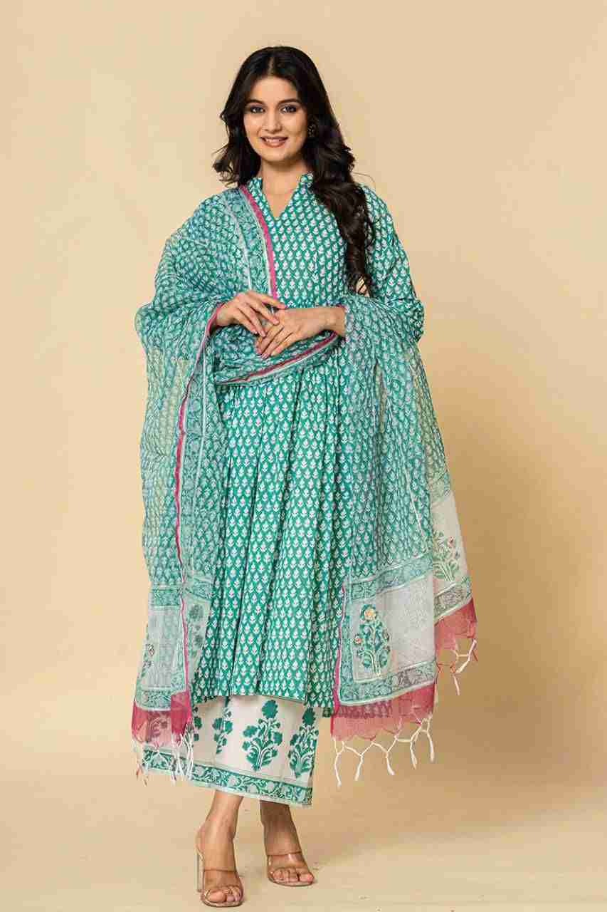 Naksh Sea Green Gathered Kurta-Duptta-Pants (Set of 3)