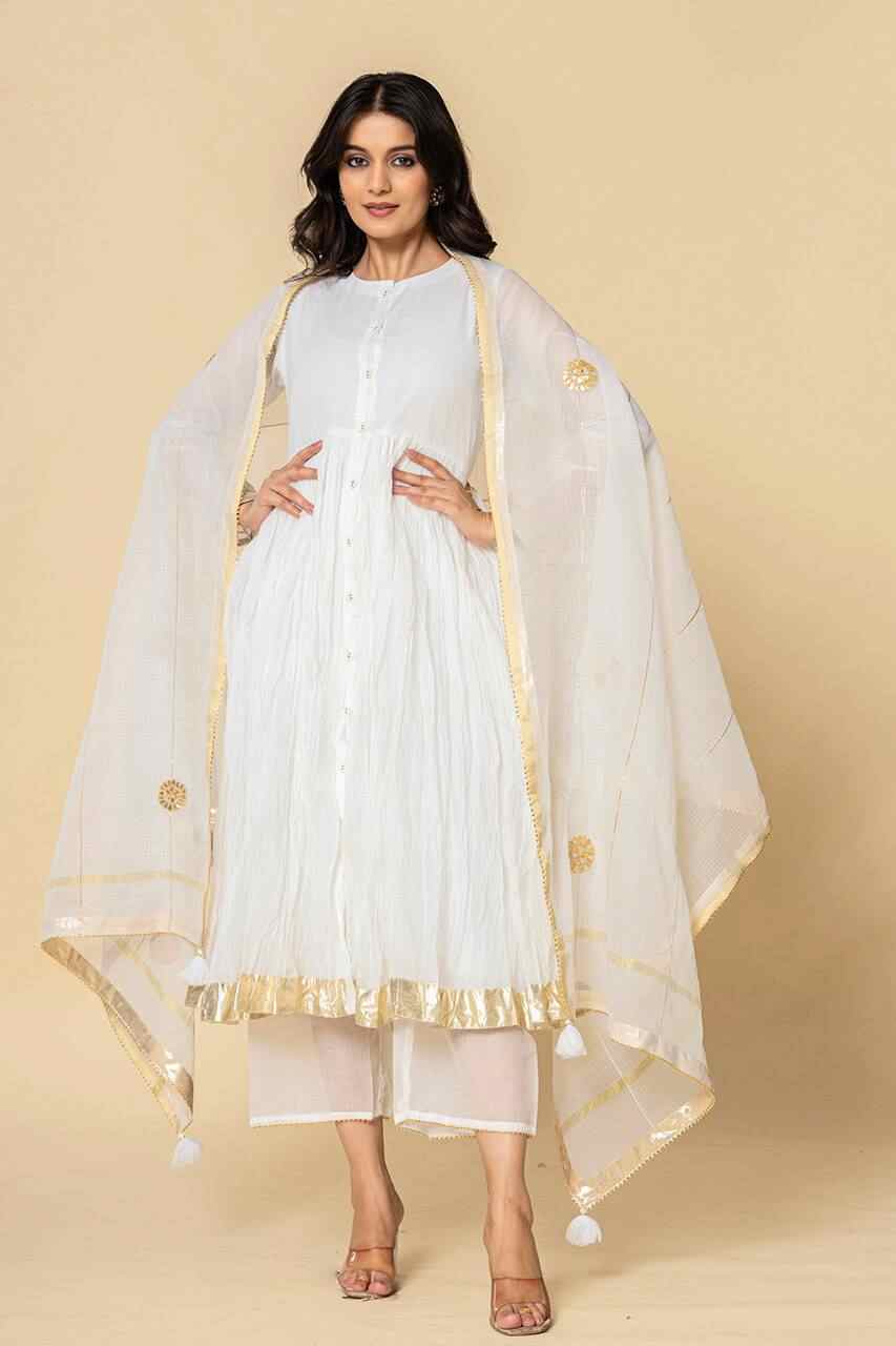 Naksh White Kota Doriya Gathered Kurta Set of 3