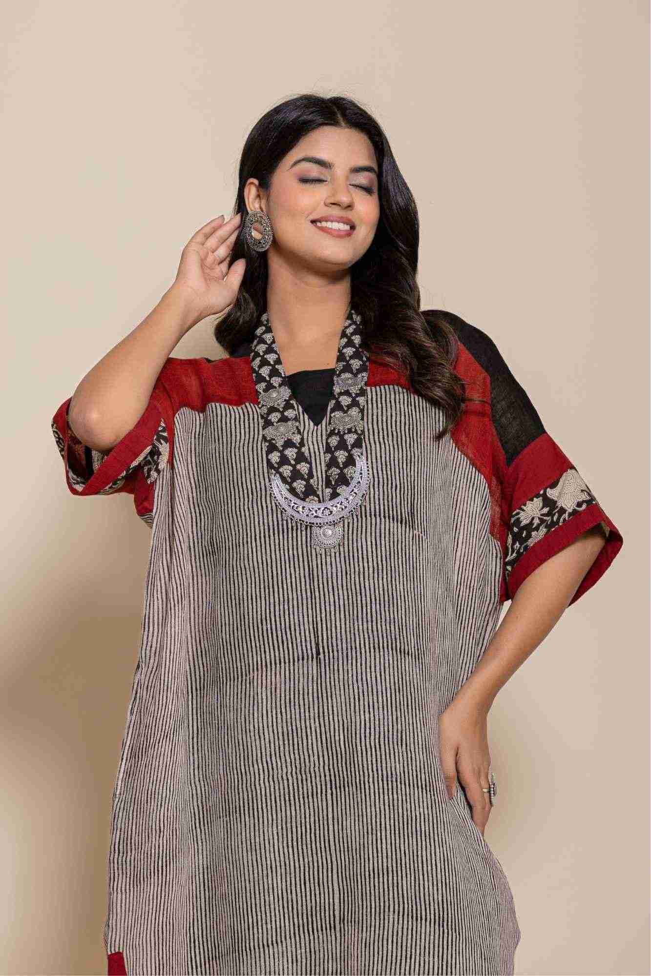 Naksh Pure Linen Free Size Black Kaftan-Dress With Customizable Inner