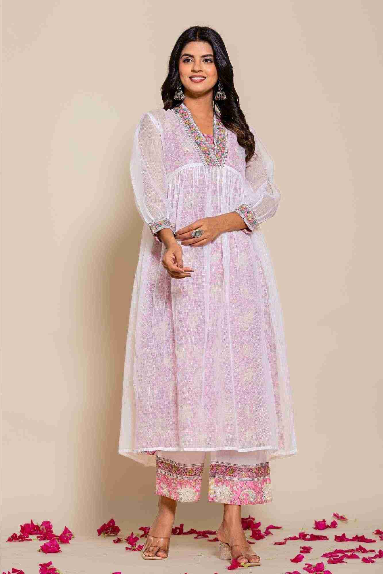 Naksh White Kota Doriya Kurta With Printed Inner And Pants