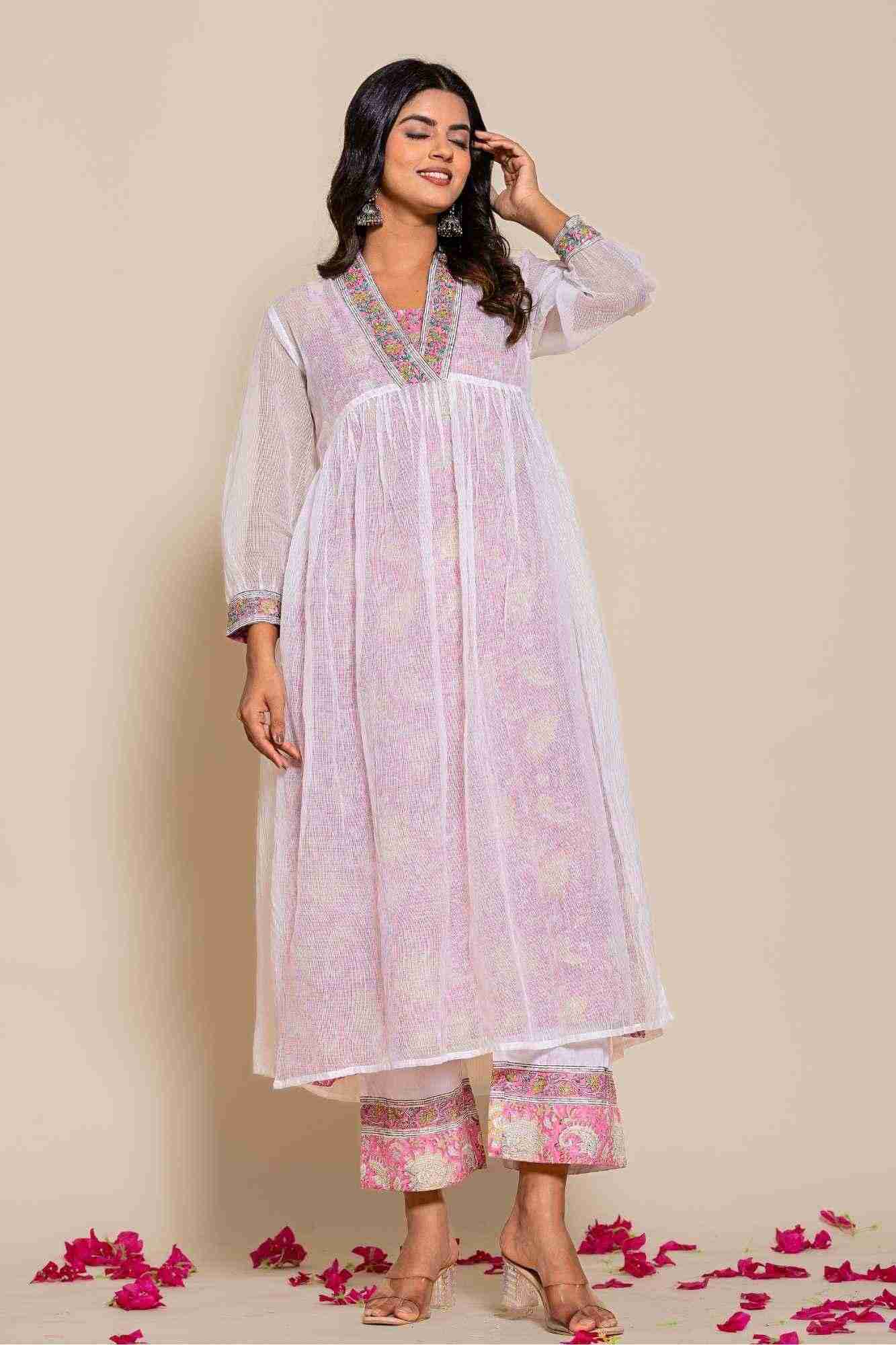 Naksh White Kota Doriya Kurta With Printed Inner And Pants