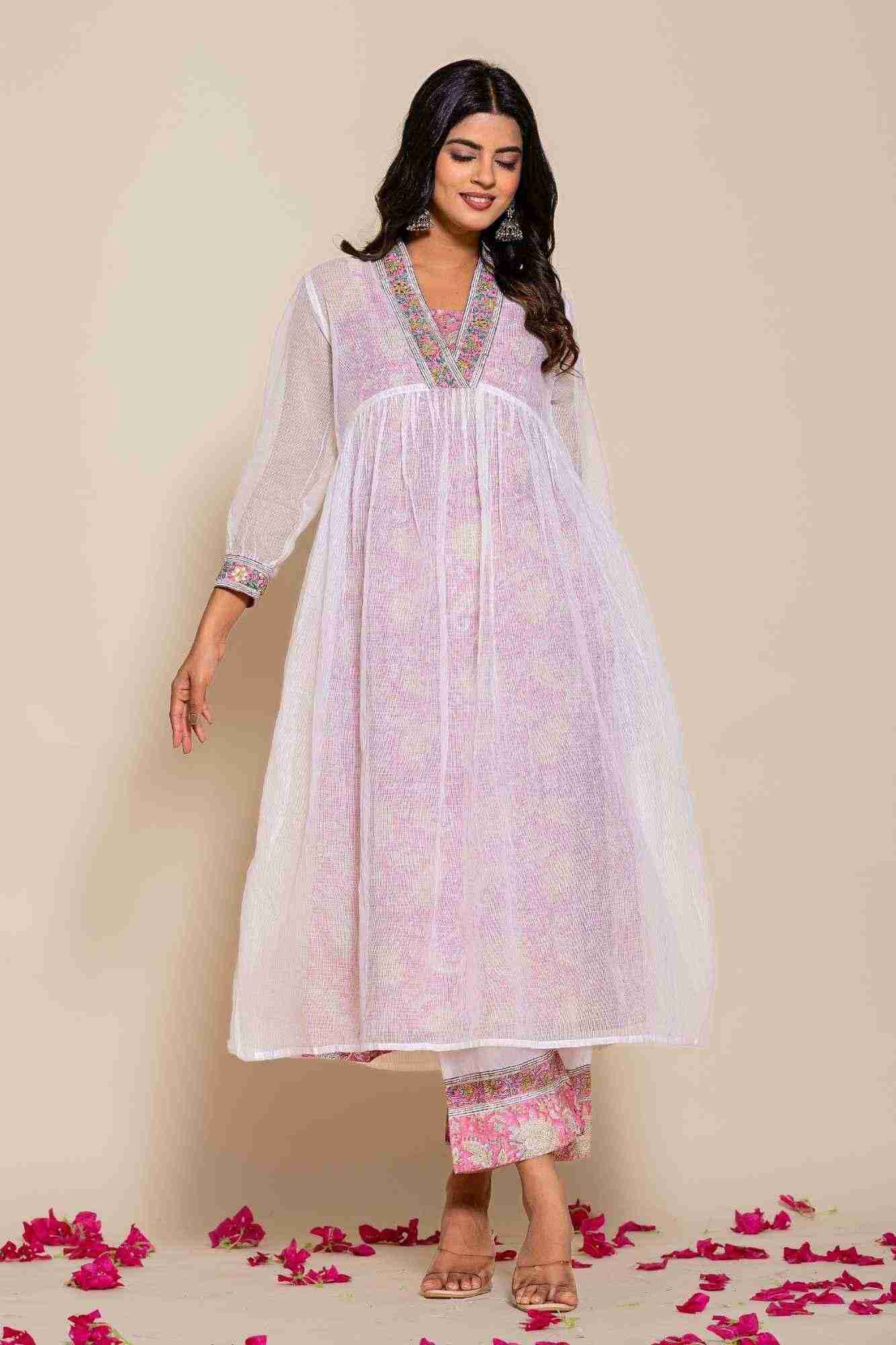 Naksh White Kota Doriya Kurta With Printed Inner And Pants