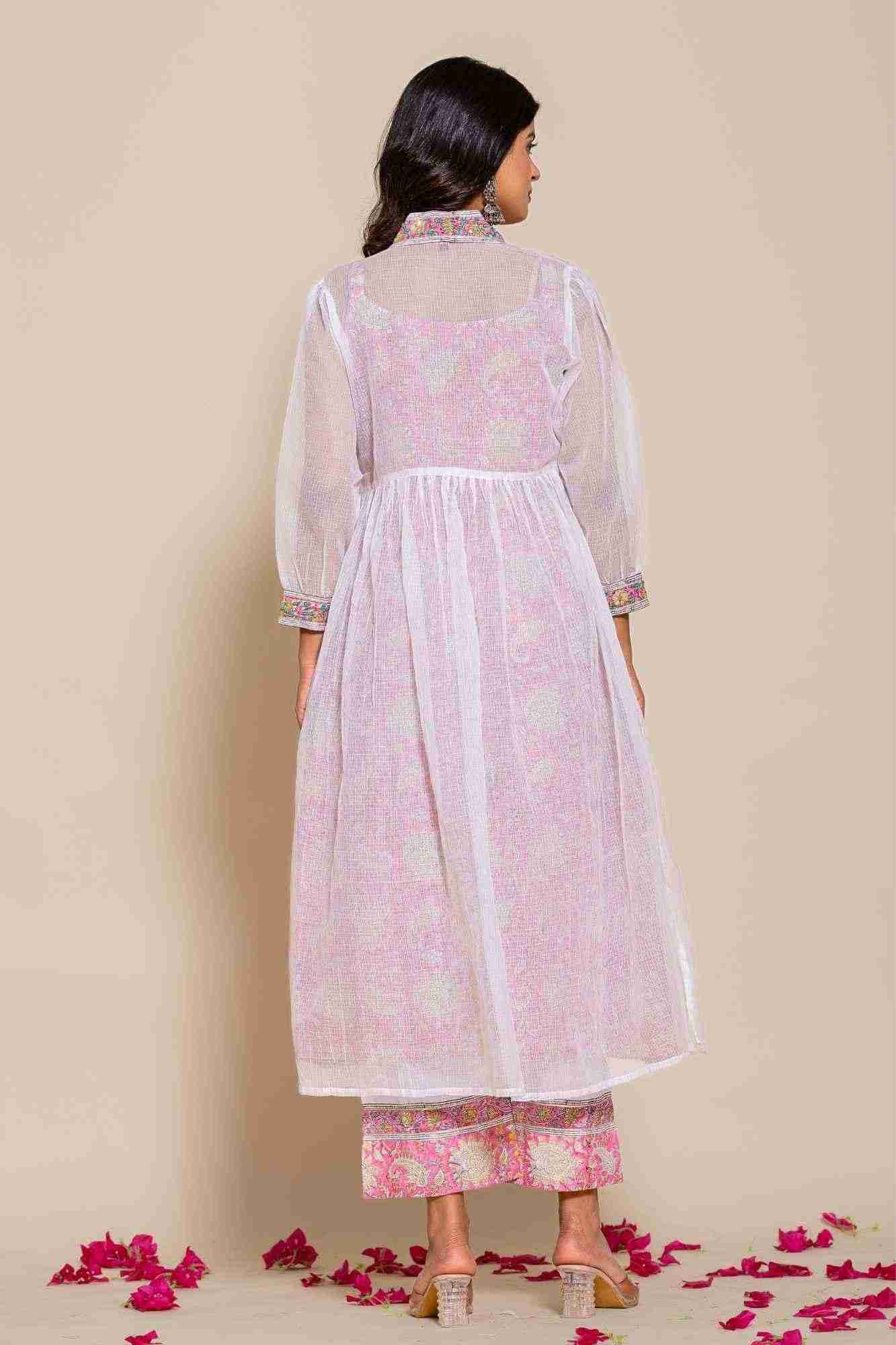 Naksh White Kota Doriya Kurta With Printed Inner And Pants
