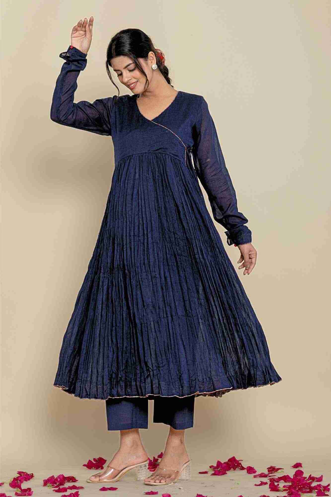 Naksh Cotton Dark Blue Angarkha Style Gathered Long Kurta And Pants