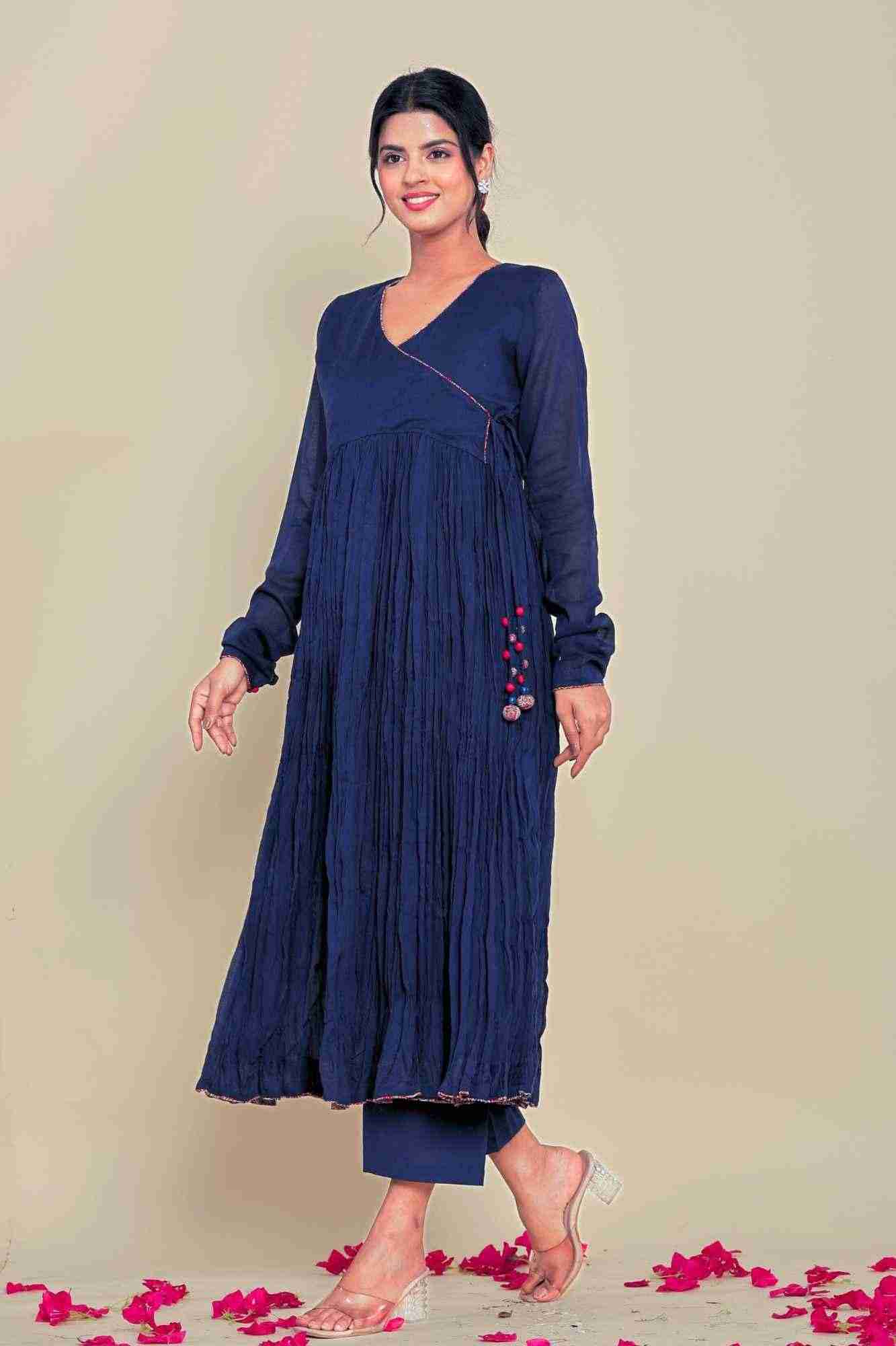Naksh Cotton Dark Blue Angarkha Style Gathered Long Kurta And Pants