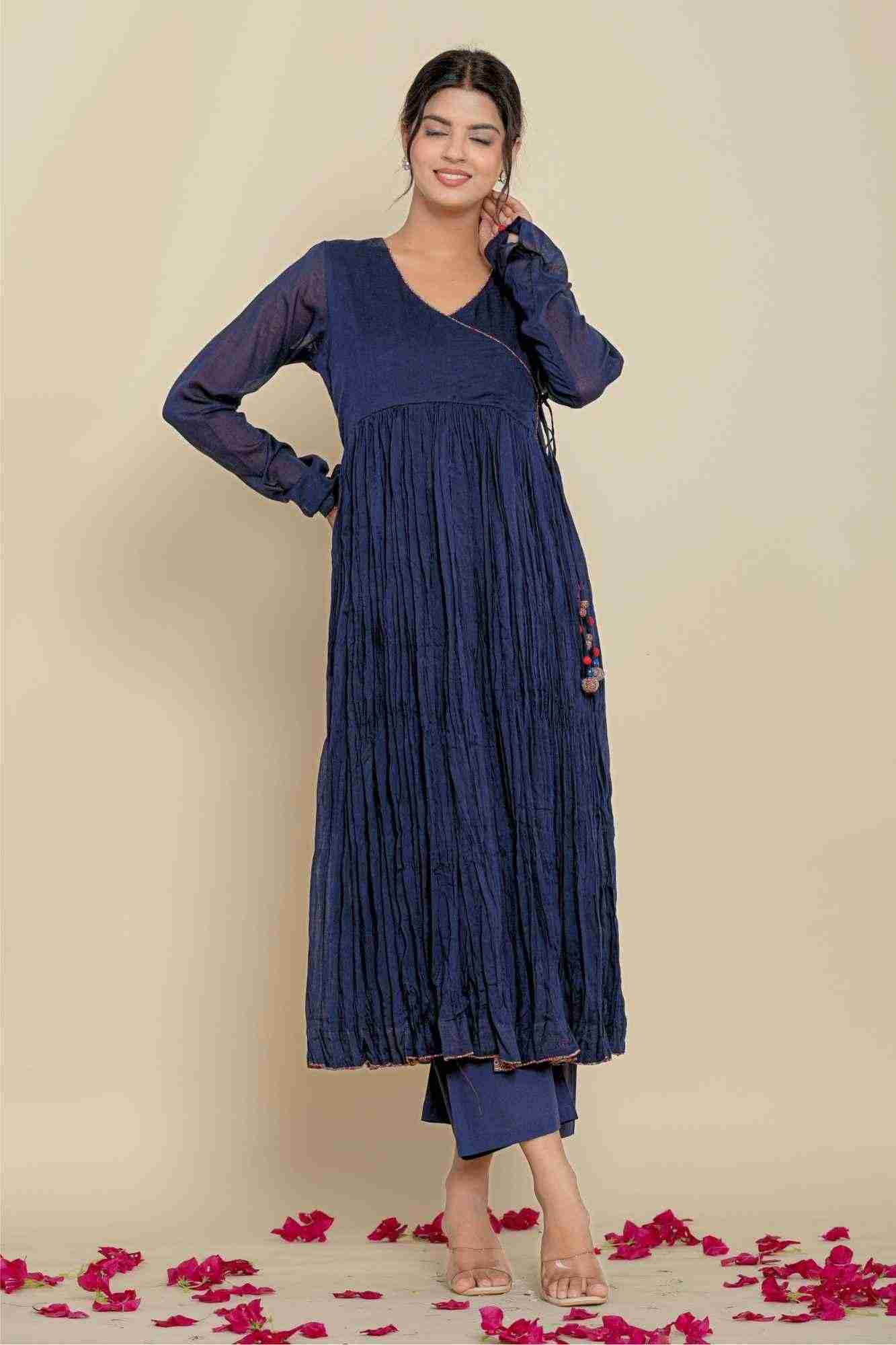Naksh Cotton Dark Blue Angarkha Style Gathered Long Kurta And Pants