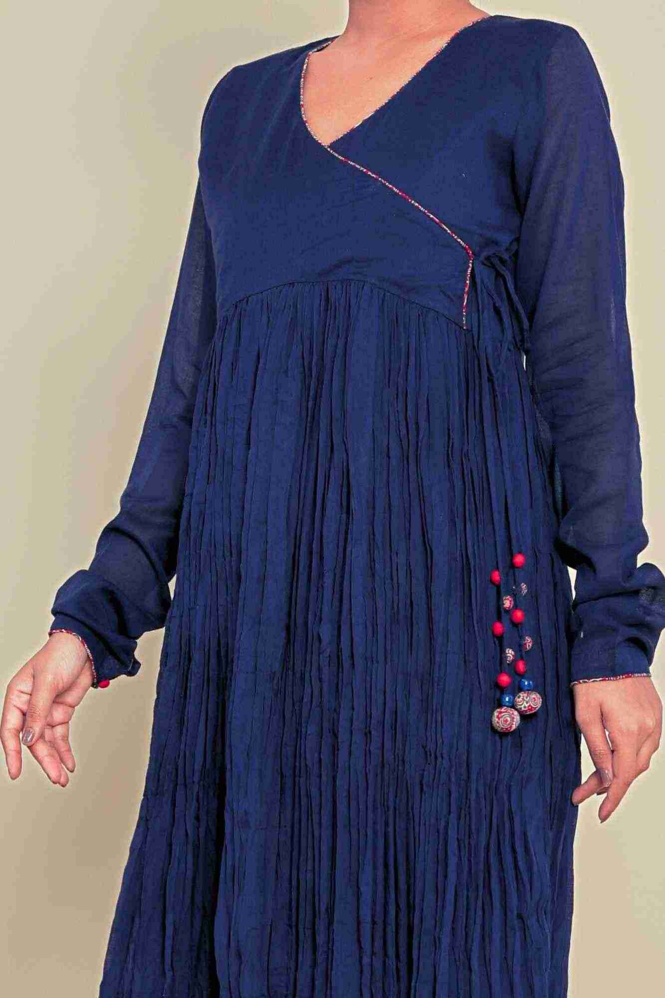 Naksh Cotton Dark Blue Angarkha Style Gathered Long Kurta And Pants