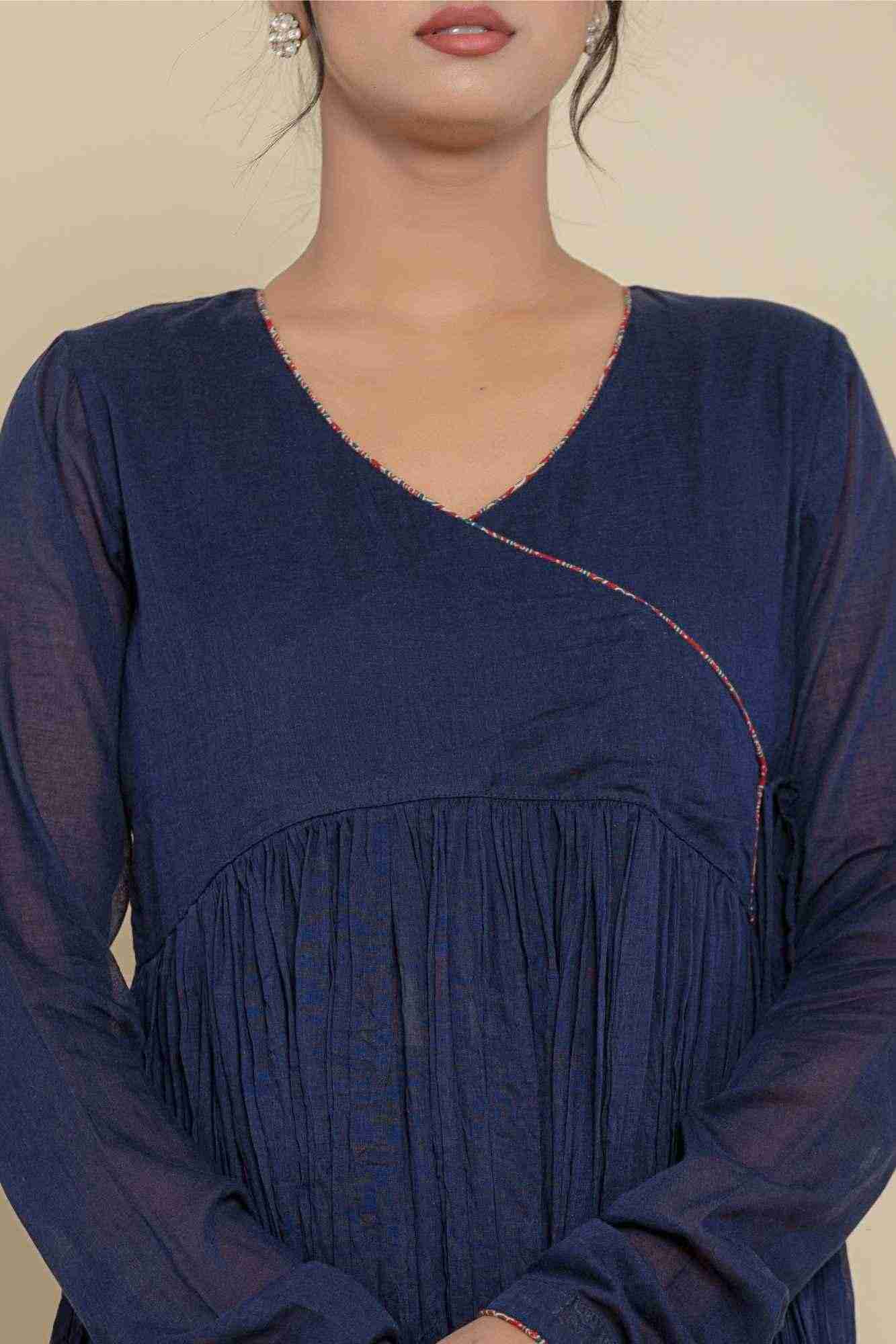 Naksh Cotton Dark Blue Angarkha Style Gathered Long Kurta And Pants