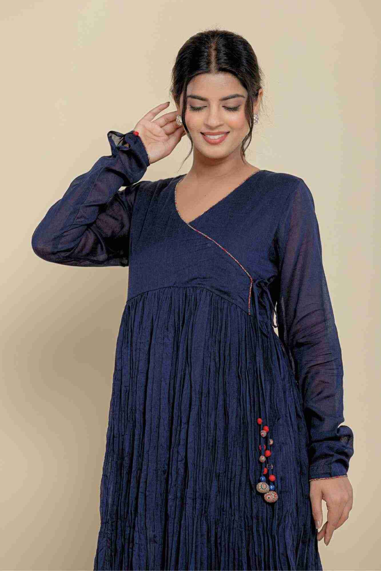 Naksh Cotton Dark Blue Angarkha Style Gathered Long Kurta And Pants