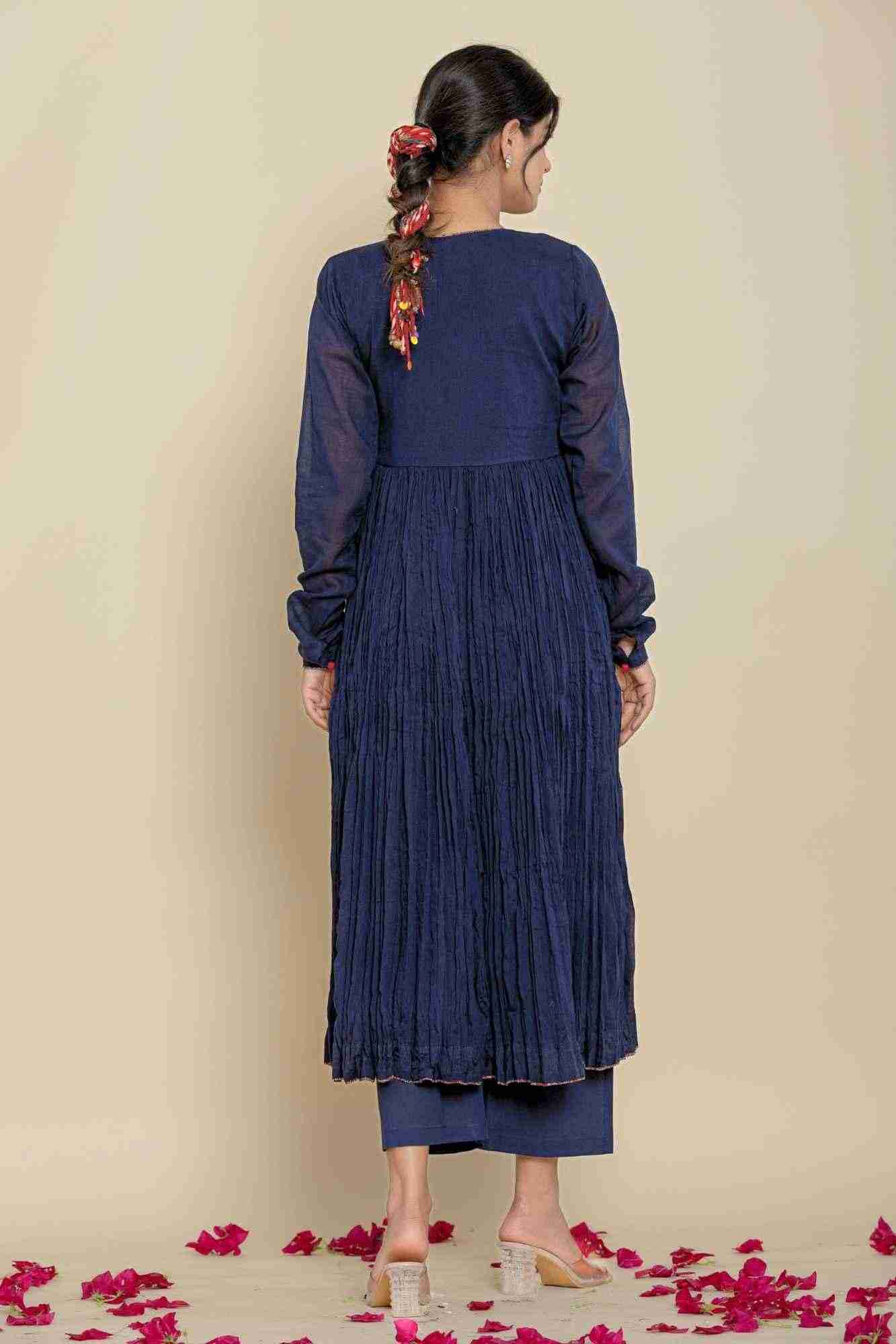 Naksh Cotton Dark Blue Angarkha Style Gathered Long Kurta And Pants