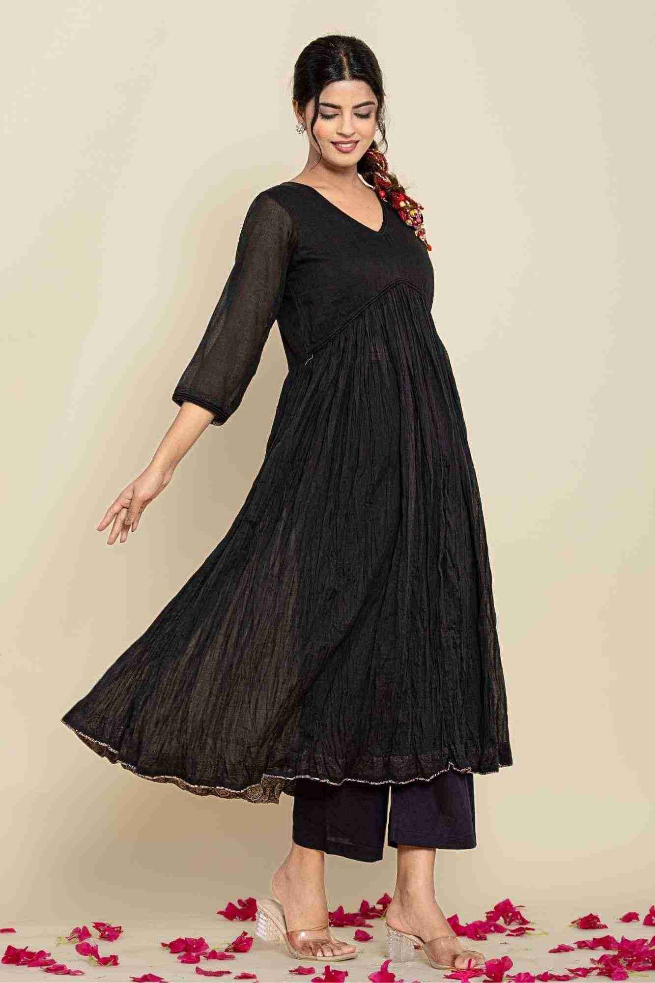 Naksh Black Cotton Gathered Kurta And Pants