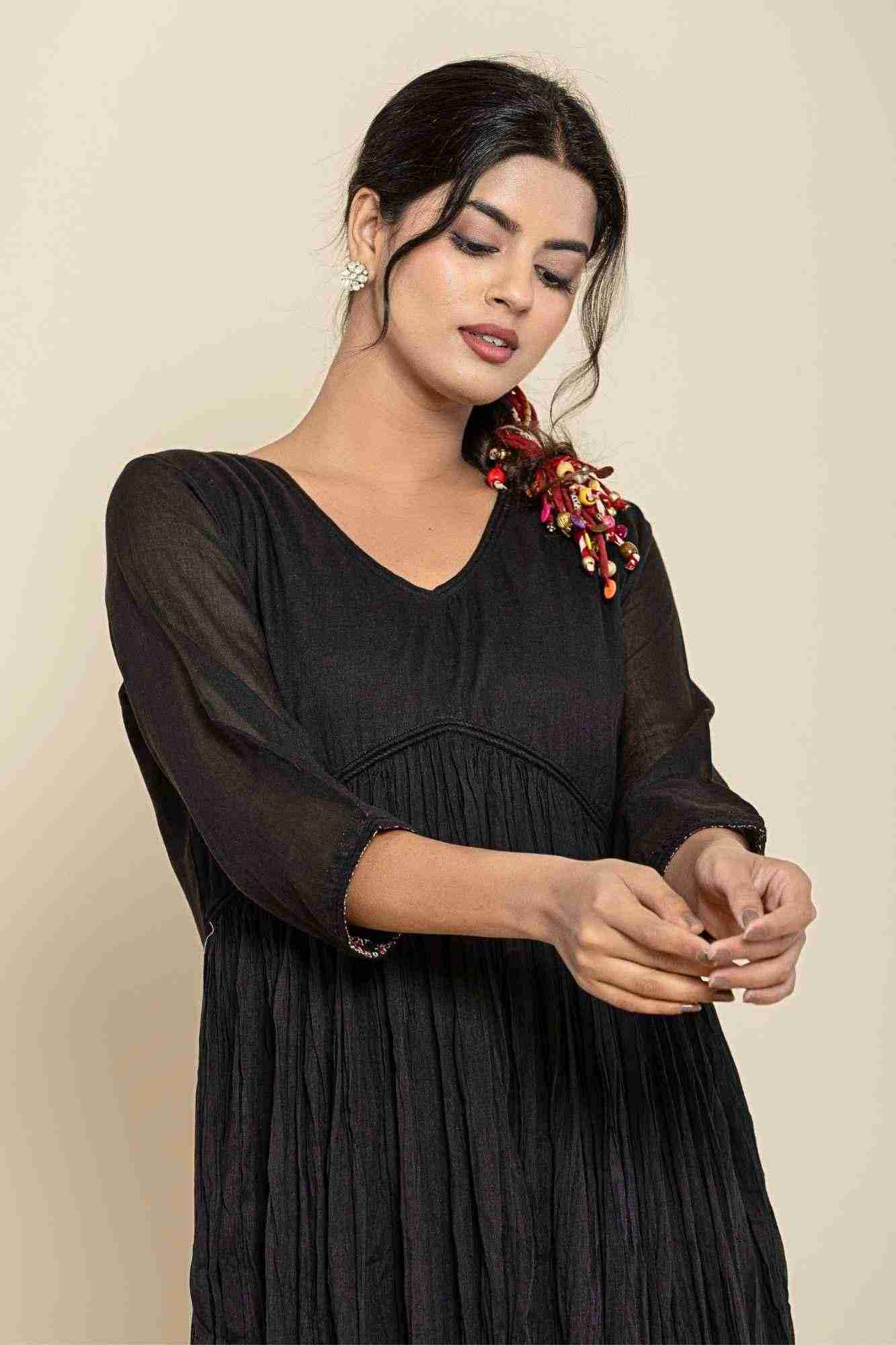 Naksh Black Cotton Gathered Kurta And Pants