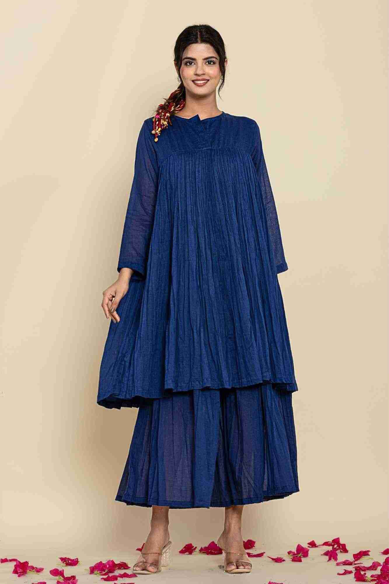 Naksh Dark Blue Solid Voile Gathered Kurta And Sharara