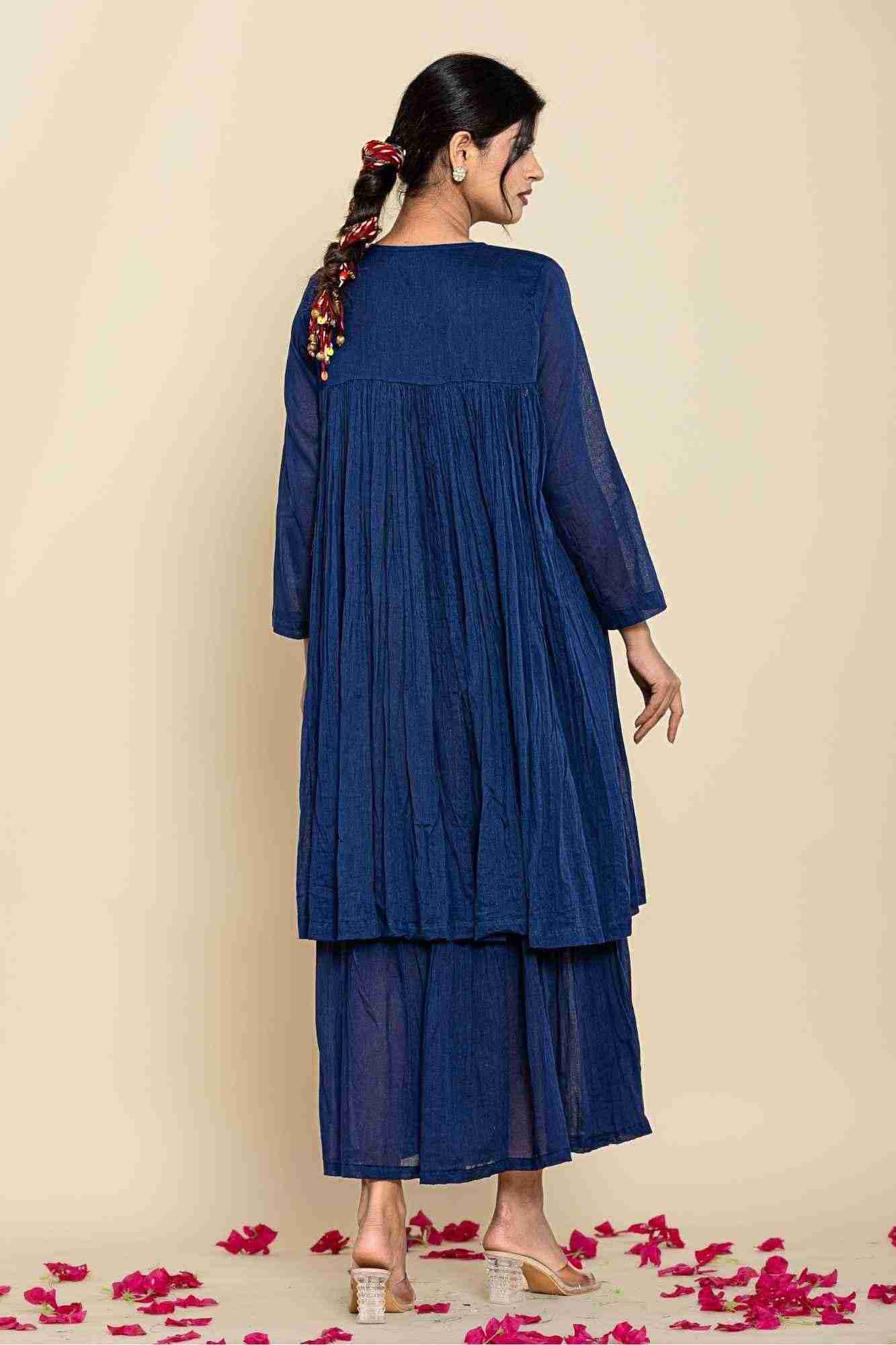 Naksh Dark Blue Solid Voile Gathered Kurta And Sharara