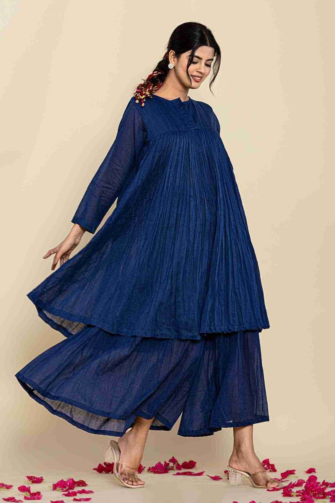 Naksh Dark Blue Solid Voile Gathered Kurta And Sharara