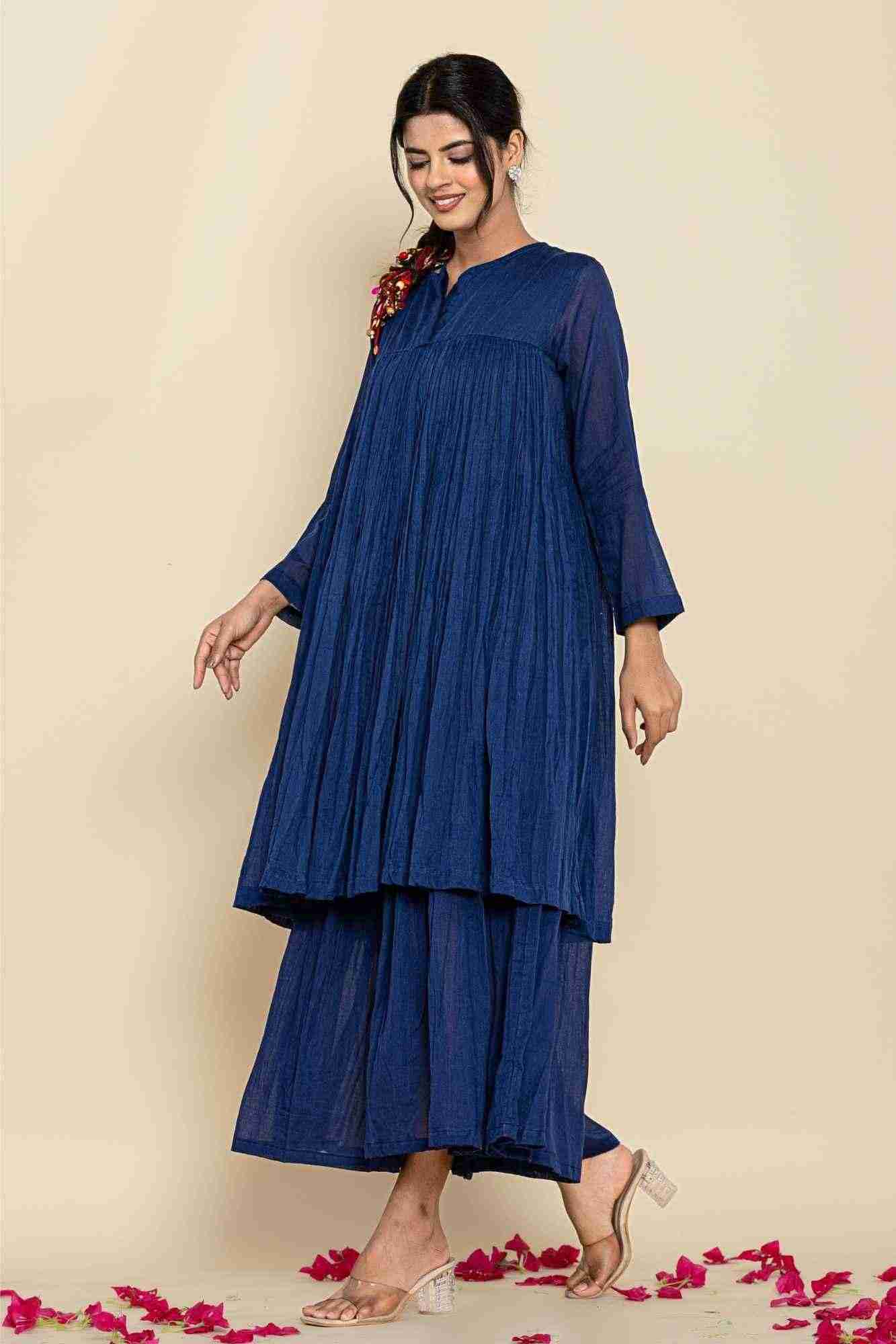 Naksh Dark Blue Solid Voile Gathered Kurta And Sharara