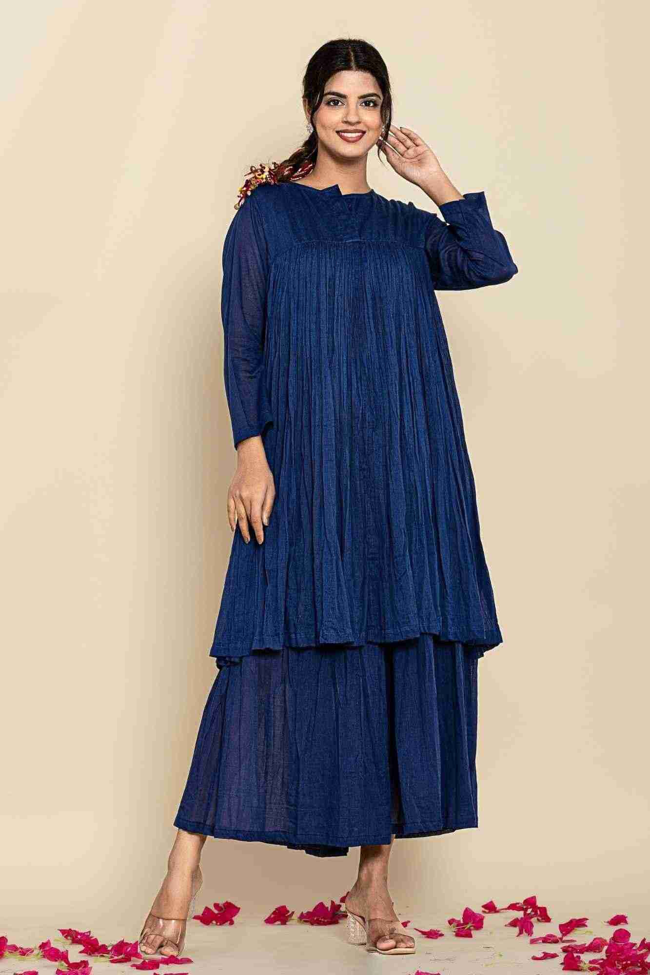 Naksh Dark Blue Solid Voile Gathered Kurta And Sharara
