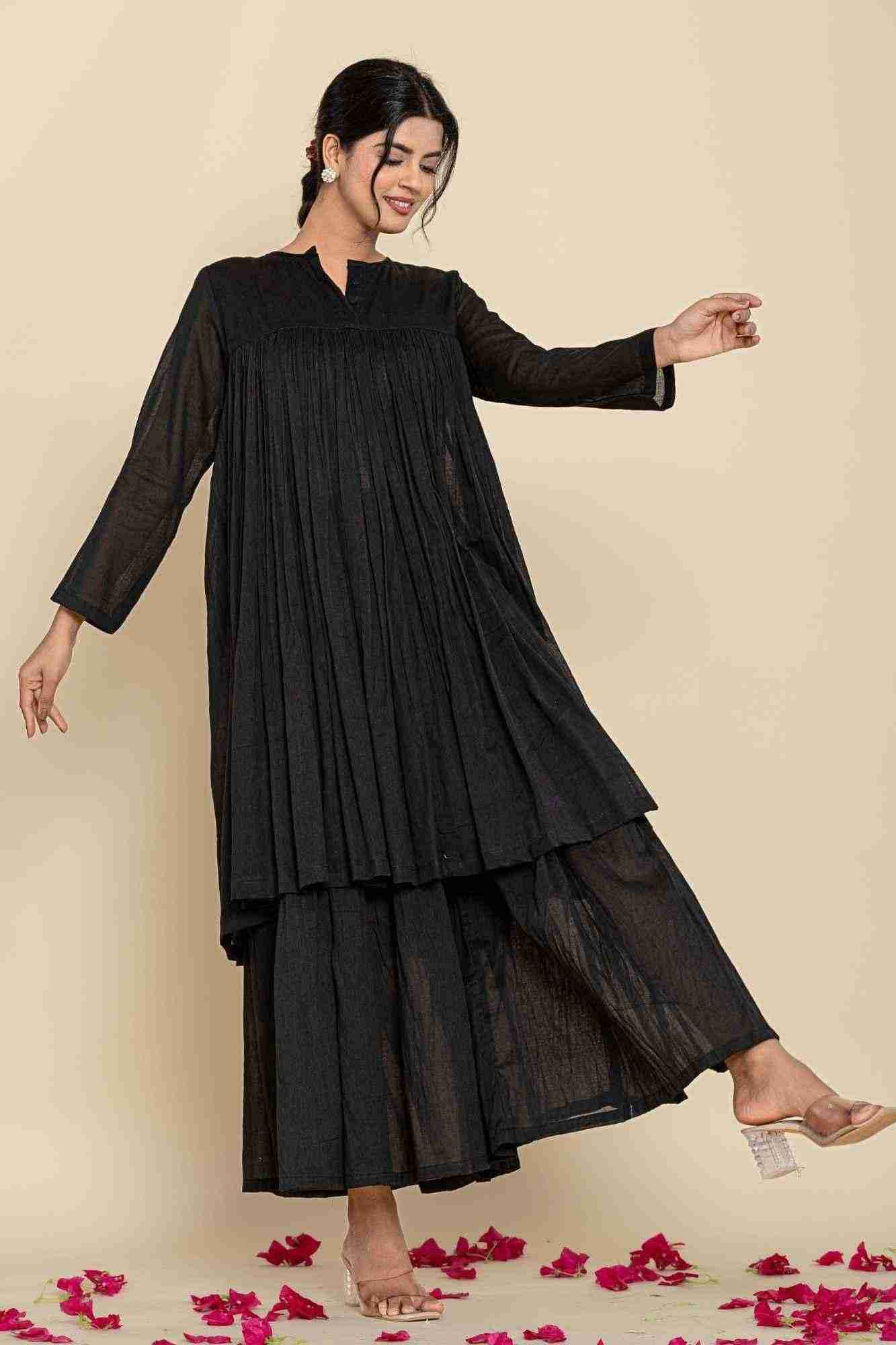 Naksh Black Solid Voile Gathered Kurta And Sharara