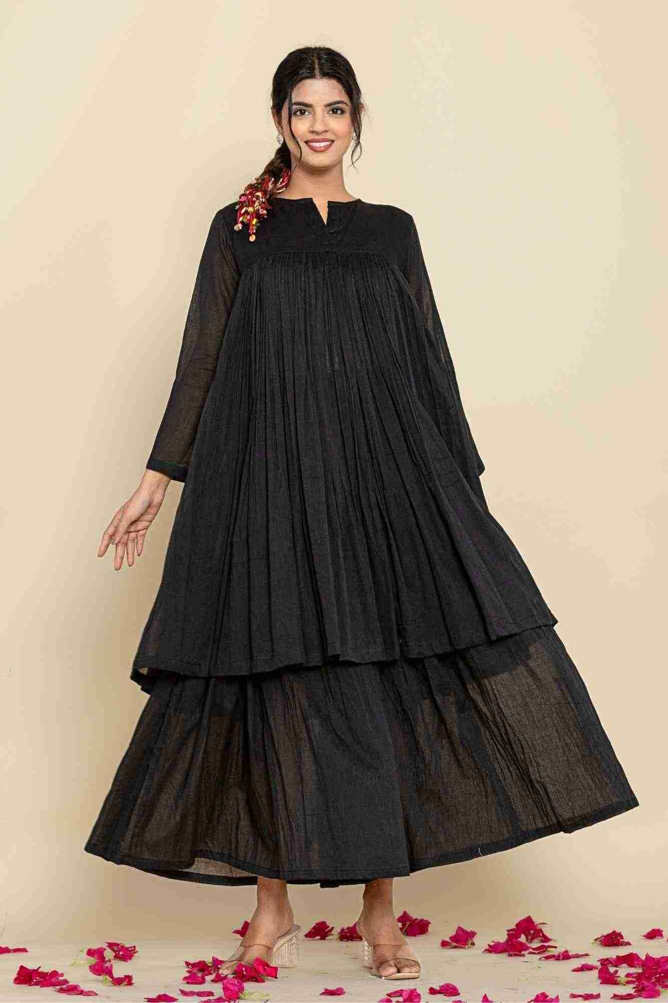 Naksh Black Solid Voile Gathered Kurta And Sharara