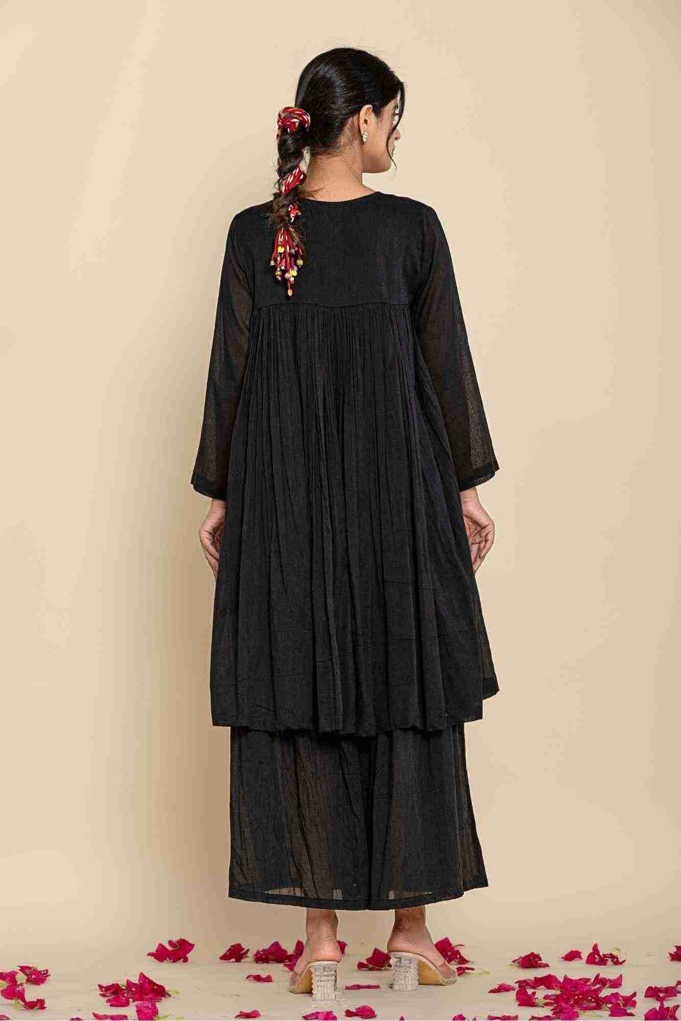 Naksh Black Solid Voile Gathered Kurta And Sharara