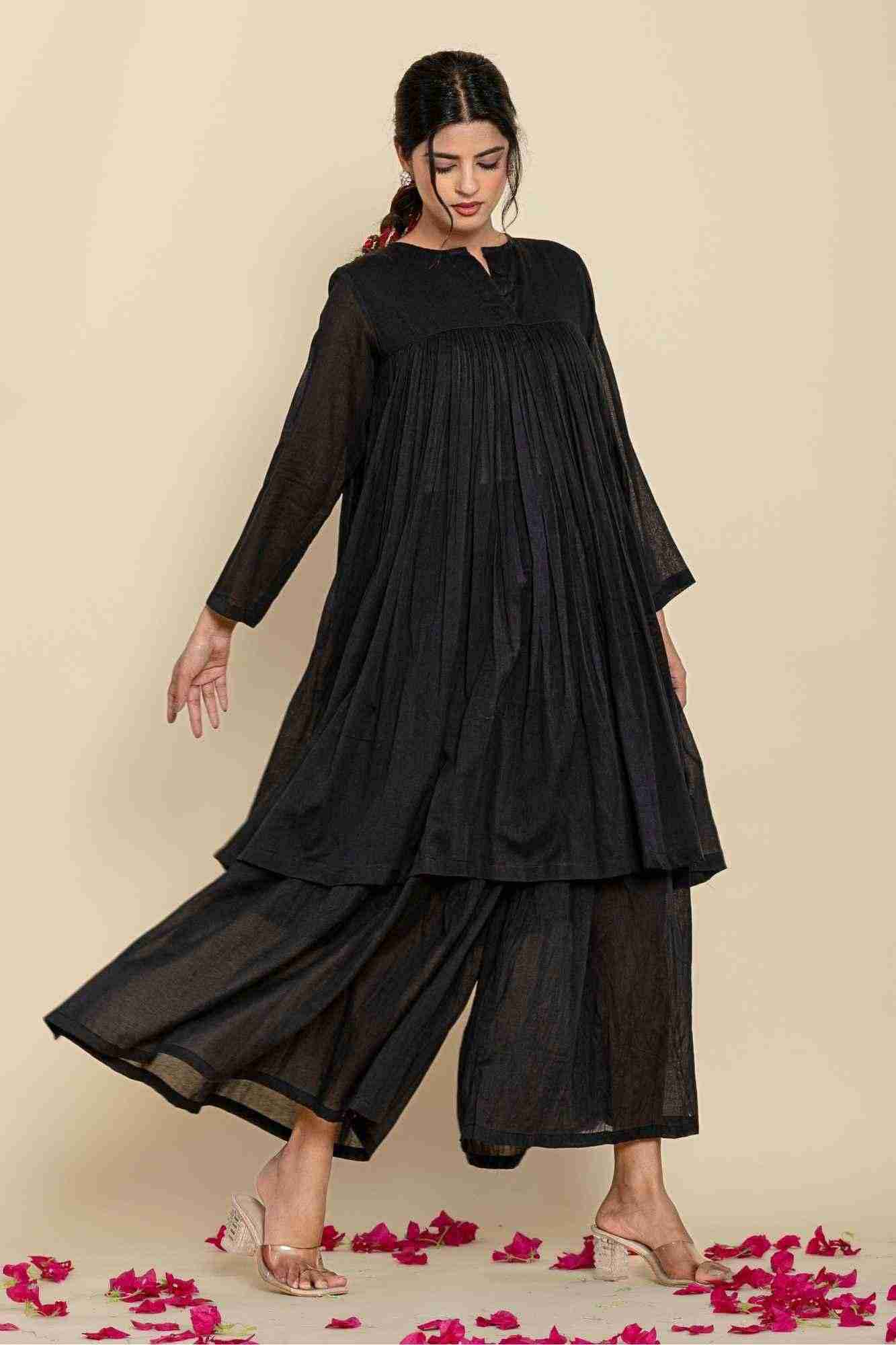 Naksh Black Solid Voile Gathered Kurta And Sharara
