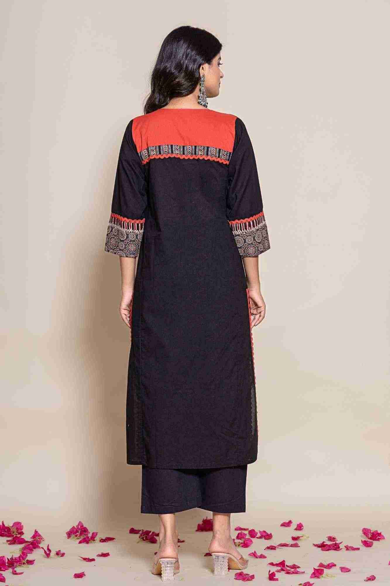 Naksh Solid Black Straight Kurta Printed Yoke