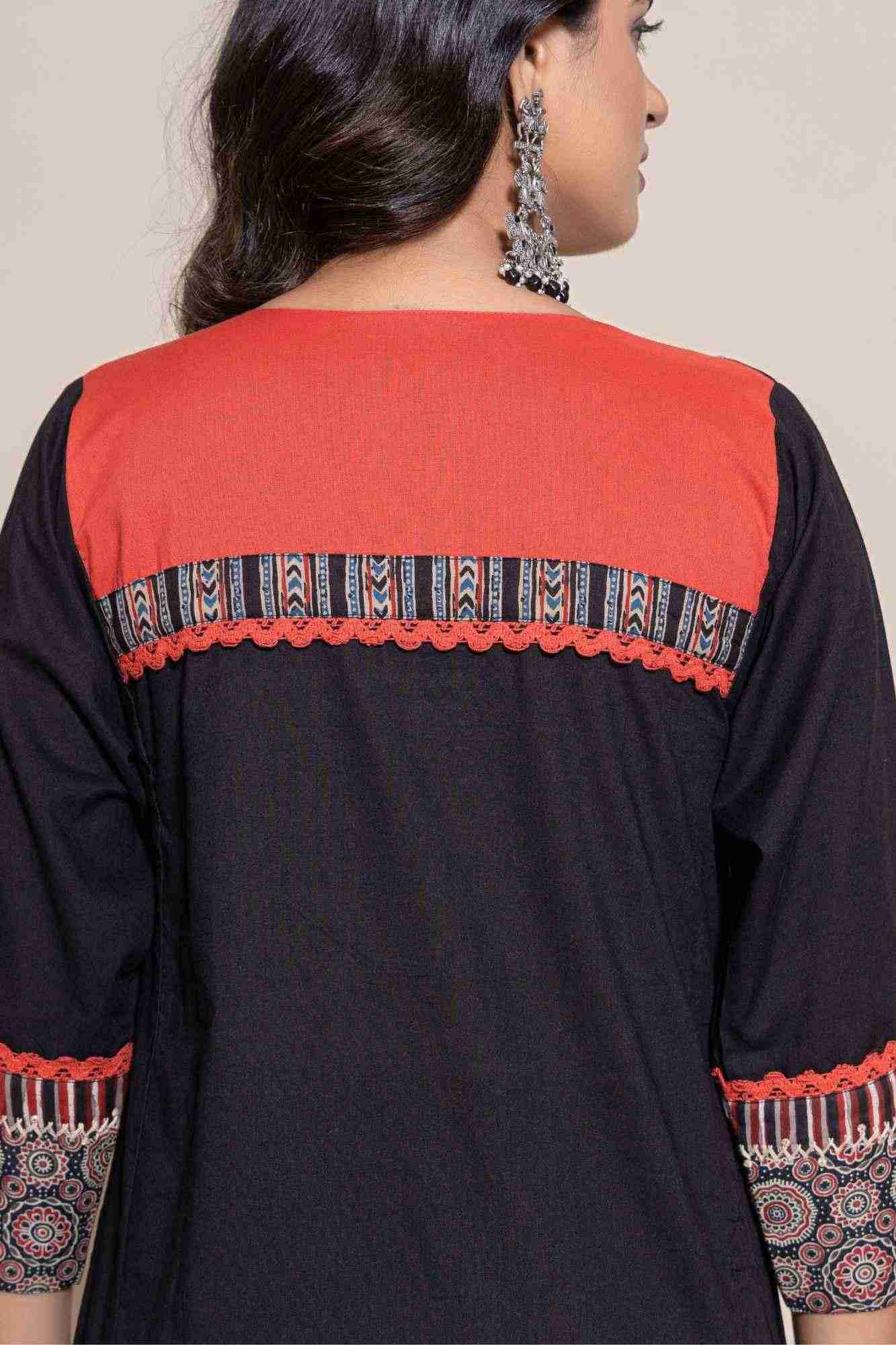 Naksh Solid Black Straight Kurta Printed Yoke