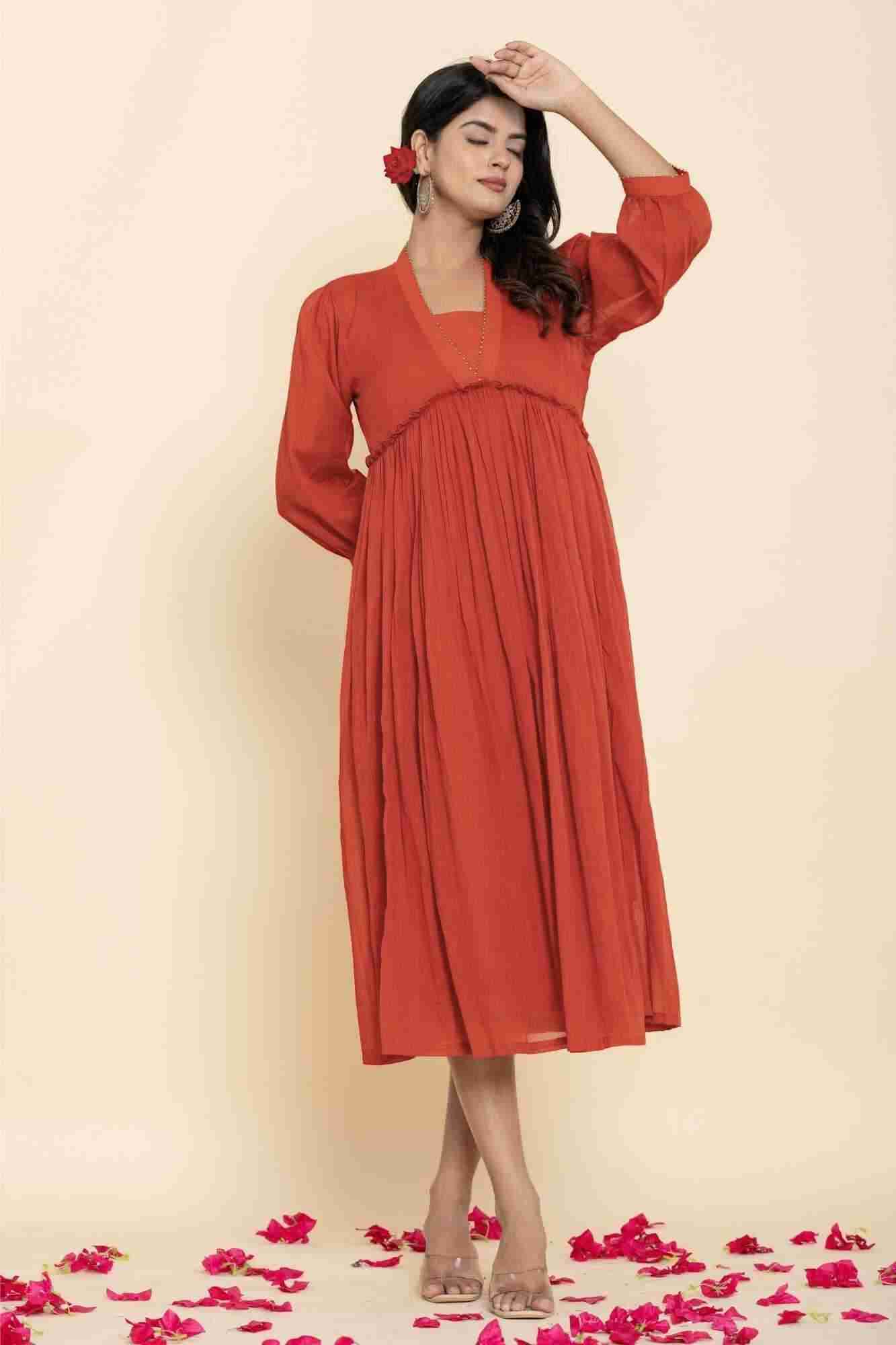 Naksh Rust Mulmul Gathered Kurta-Dress