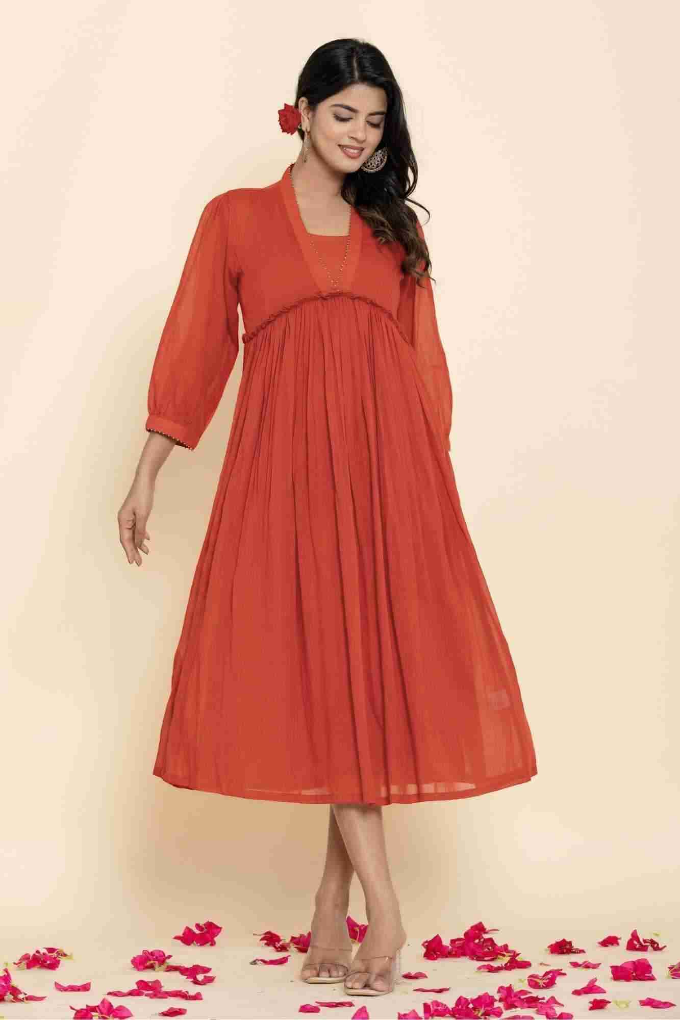 Naksh Rust Mulmul Gathered Kurta-Dress
