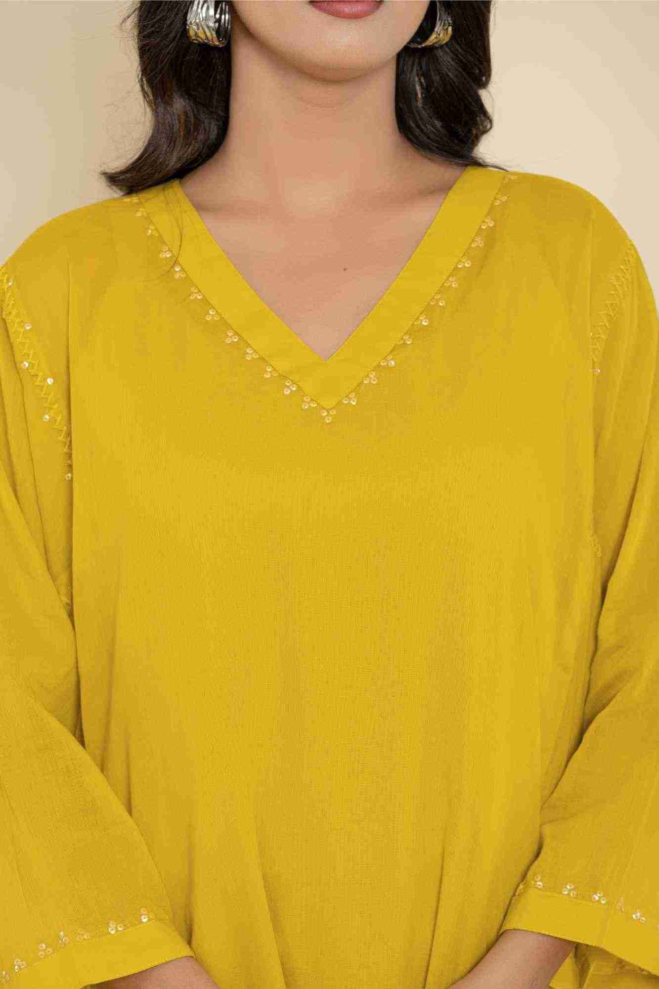 Naksh Yellow Solid Cotton Mulmul(Voile) With Inner Kaftan-Dress