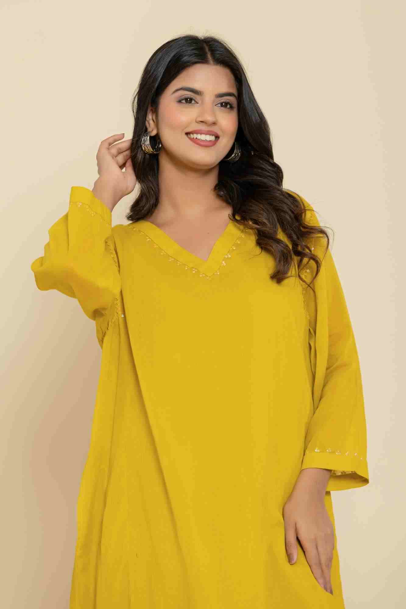 Naksh Yellow Solid Cotton Mulmul(Voile) With Inner Kaftan-Dress