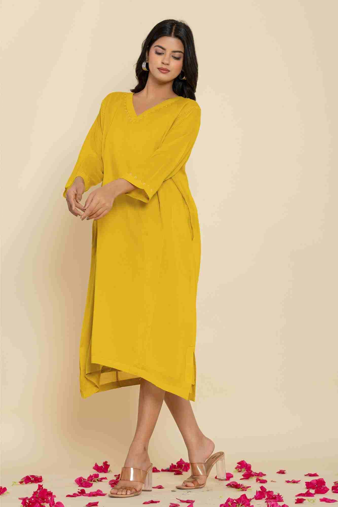 Naksh Yellow Solid Cotton Mulmul(Voile) With Inner Kaftan-Dress