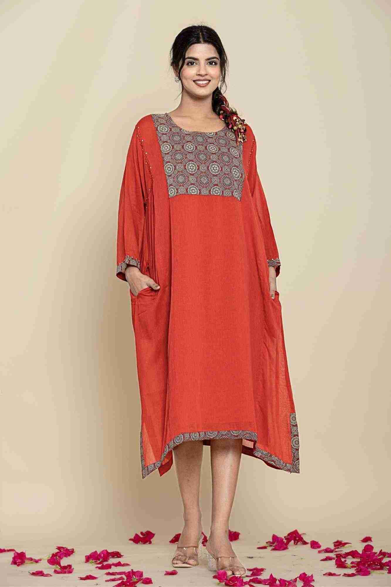 Naksh Rust Solid Cotton Mulmul(Voile) With Inner Kaftan-Dress