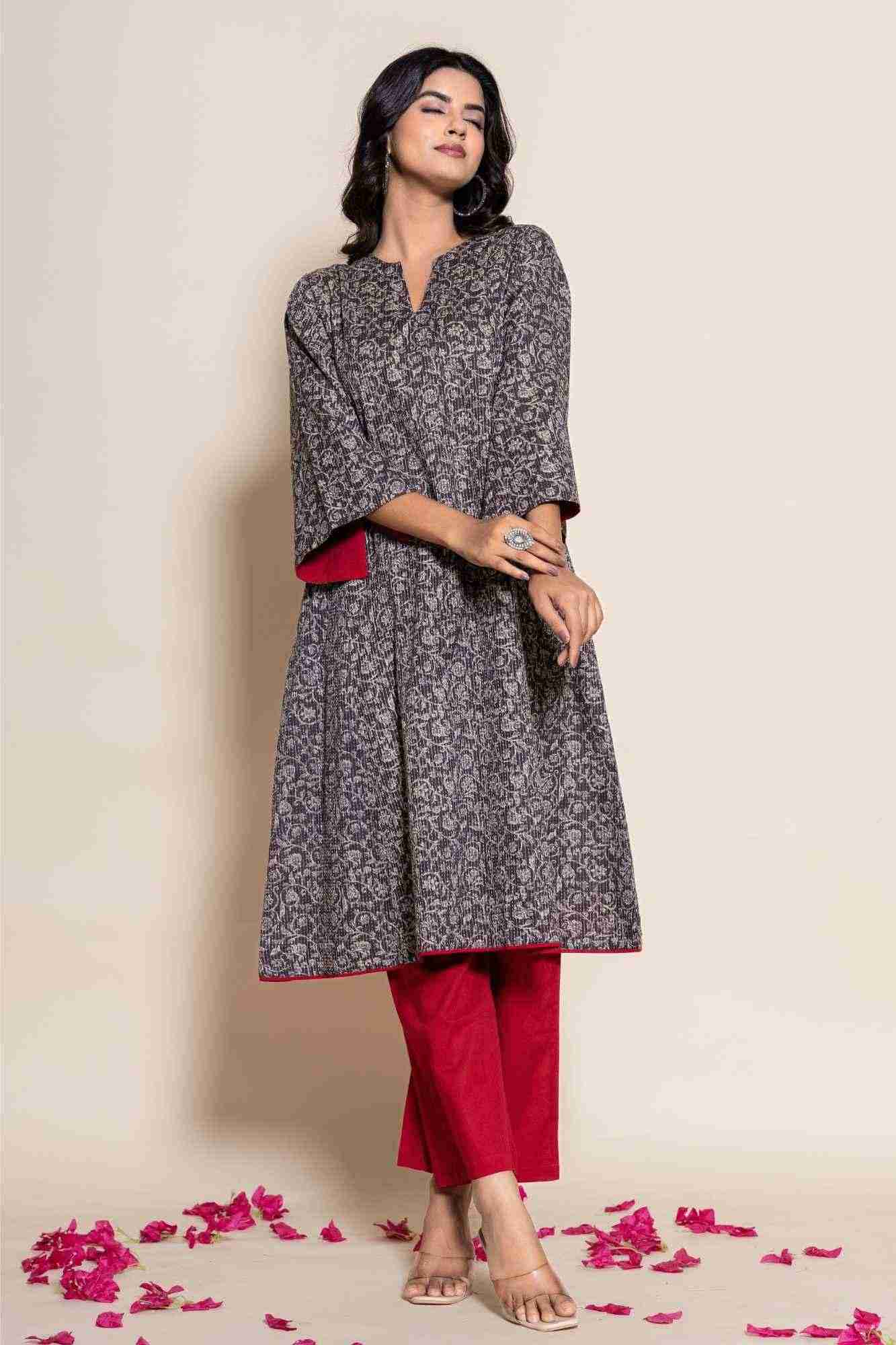 Naksh Grey Katha Printed Kurta And Maroon Pants