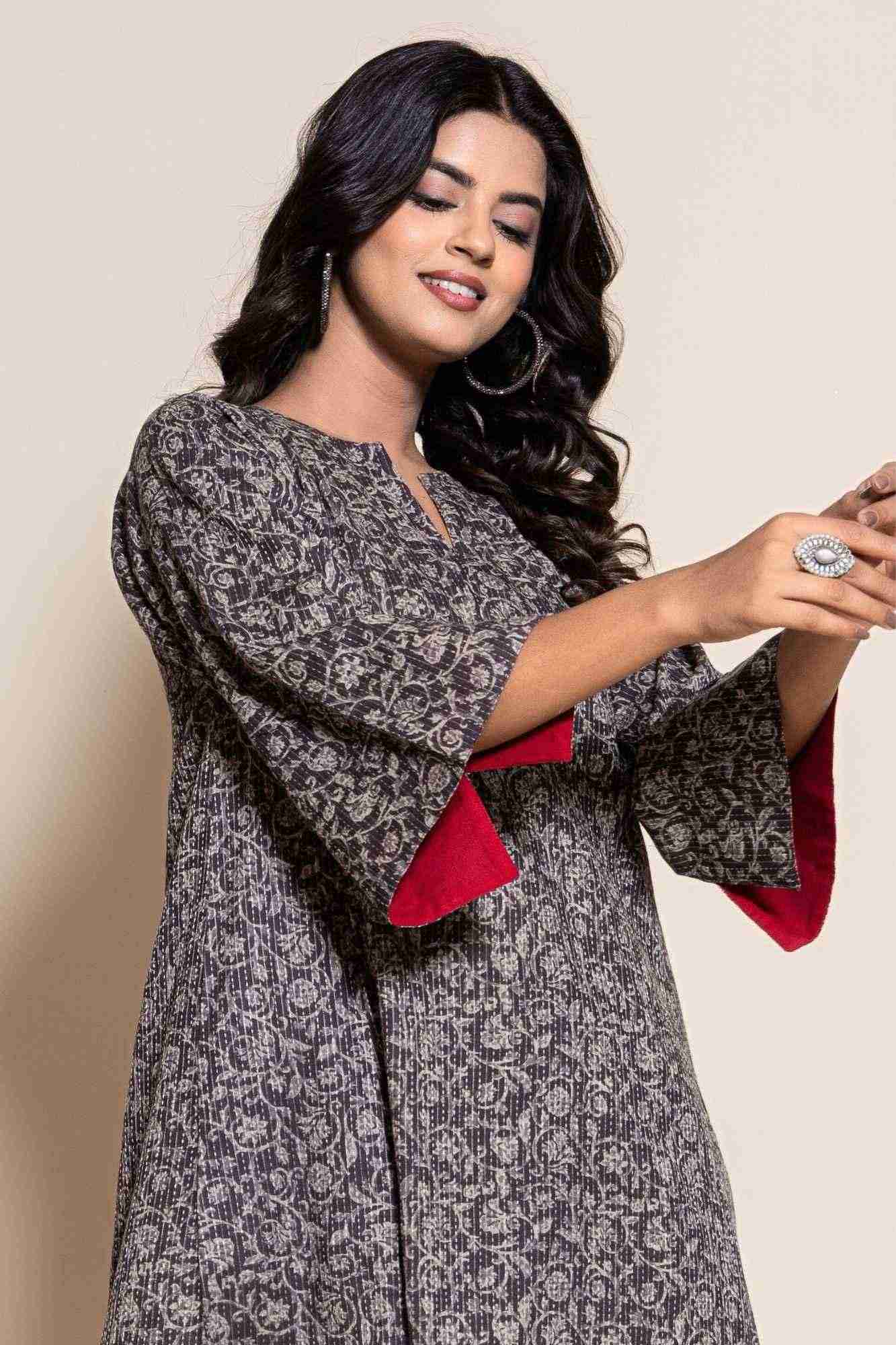Naksh Grey Katha Printed Kurta And Maroon Pants