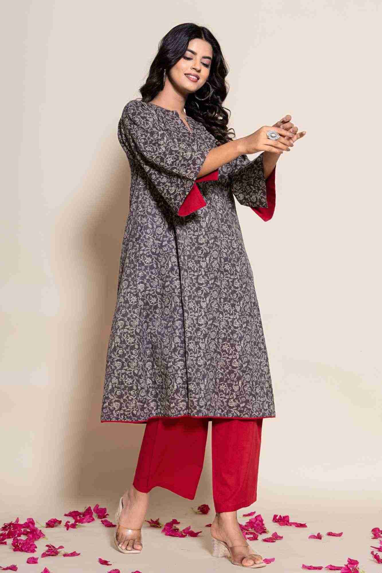 Naksh Grey Katha Printed Kurta And Maroon Pants
