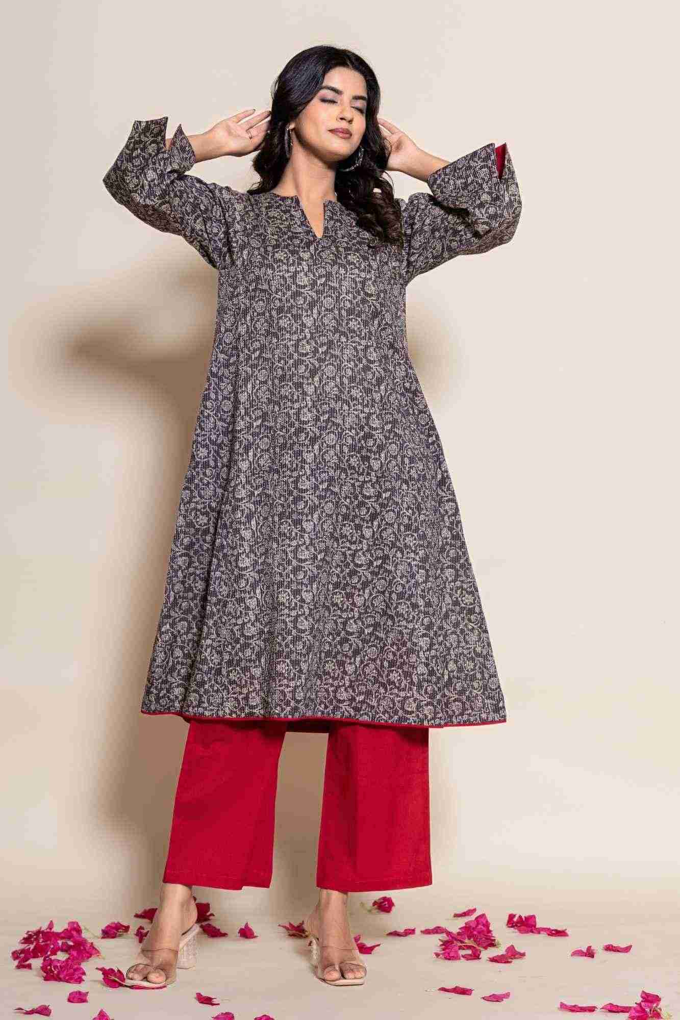 Naksh Grey Katha Printed Kurta And Maroon Pants